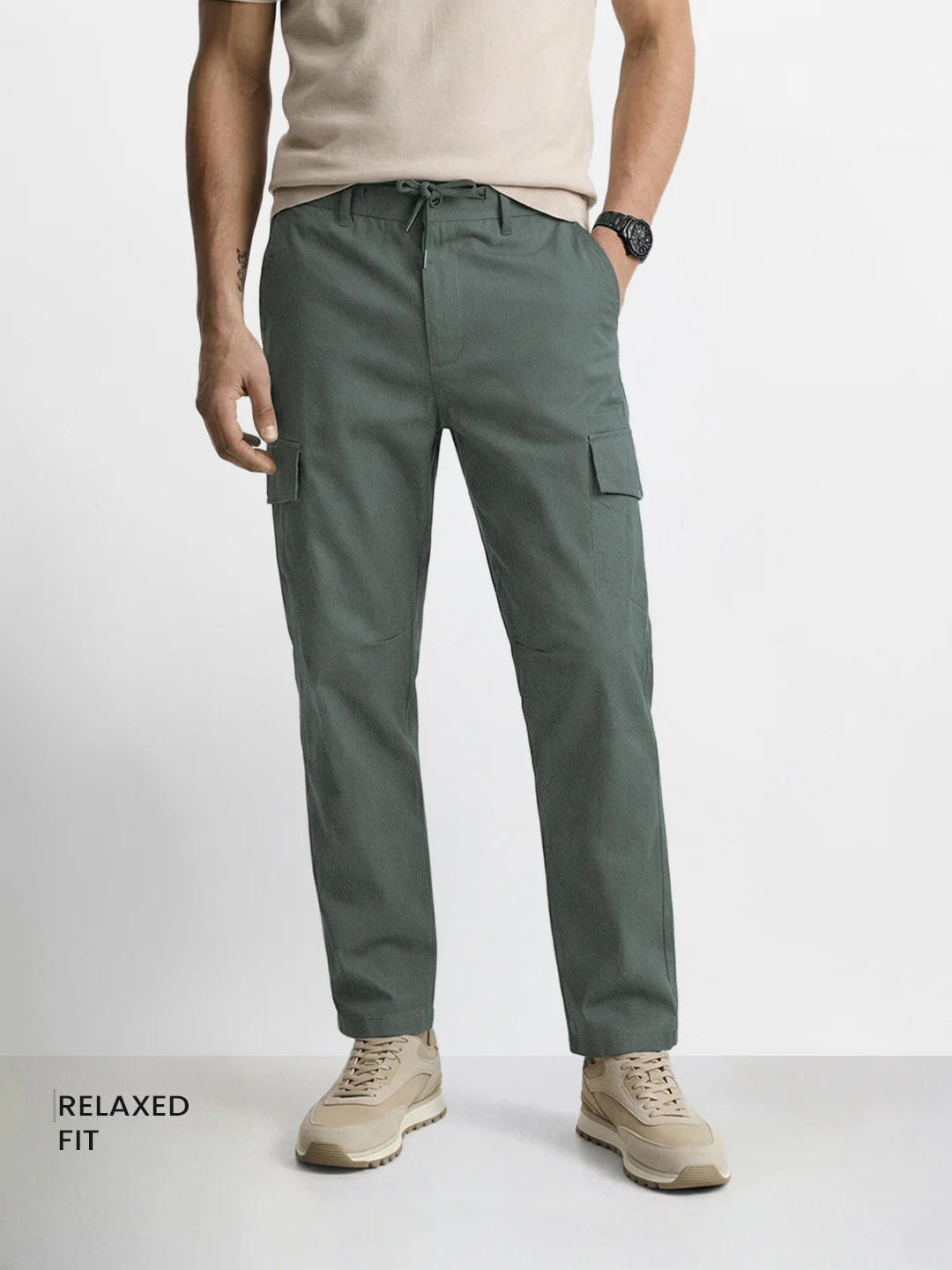 Men's Olive Relaxed Fit Solid Utility Joggers - Image 2