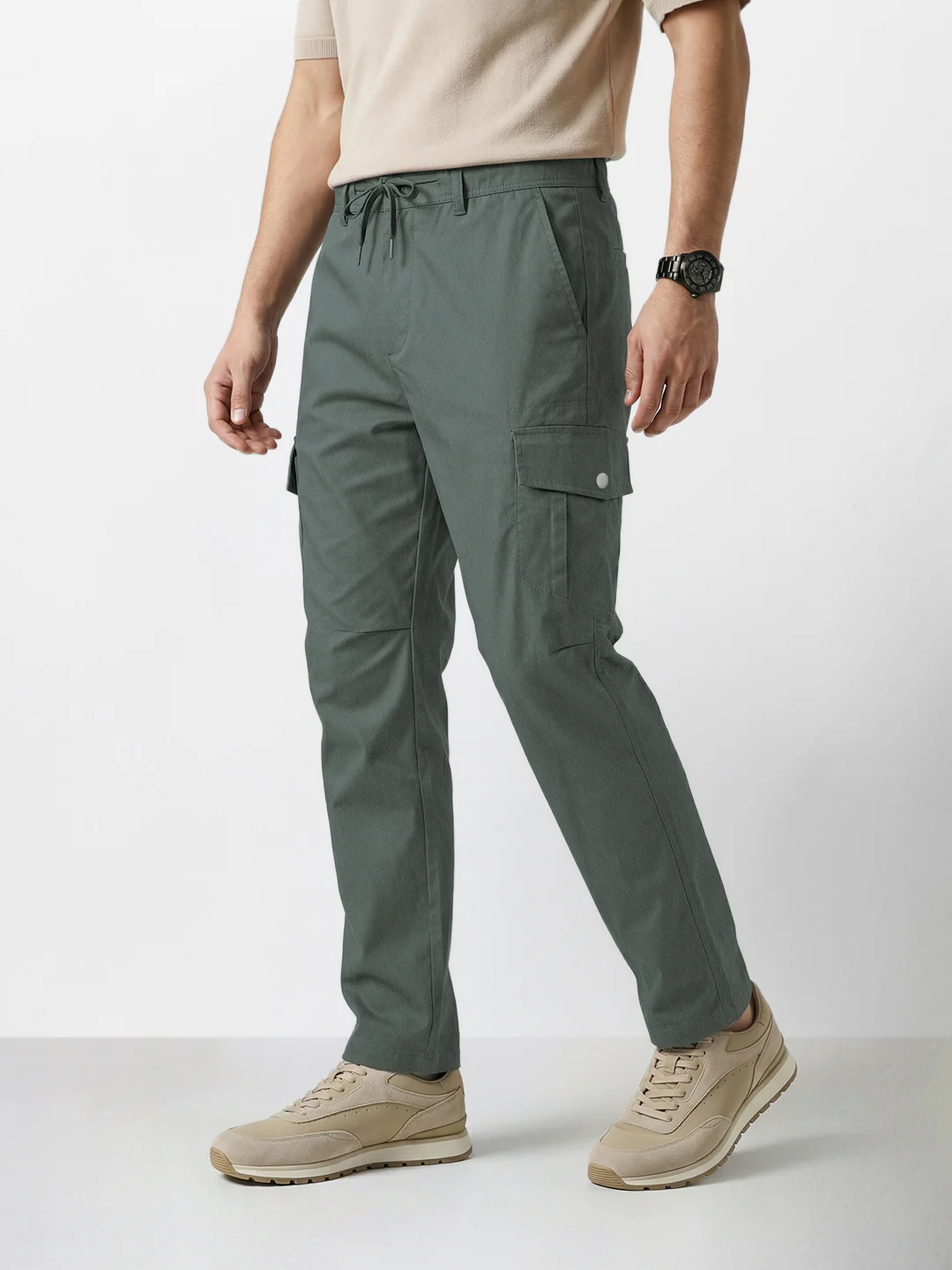 Men's Olive Relaxed Fit Solid Utility Joggers - Image 3