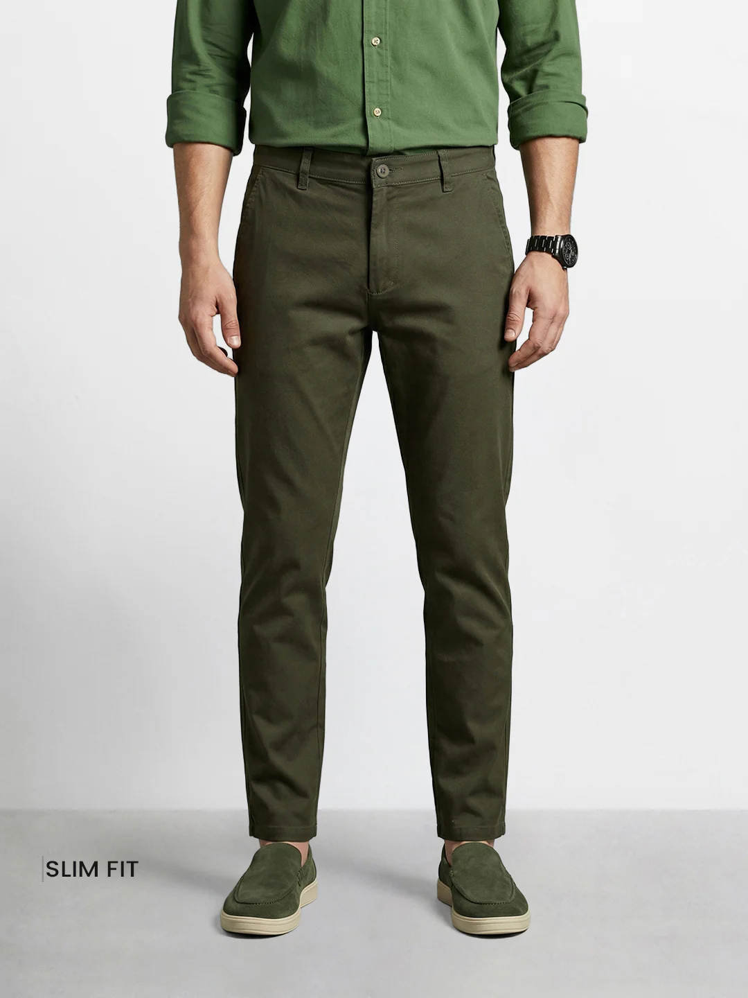 Men's Olive Slim Fit Solid Casual Chinos - Image 2