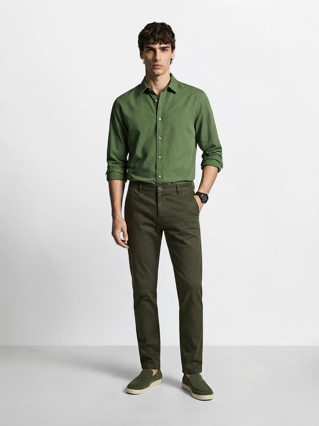 Men's Olive Slim Fit Solid Casual Chinos - Image 5