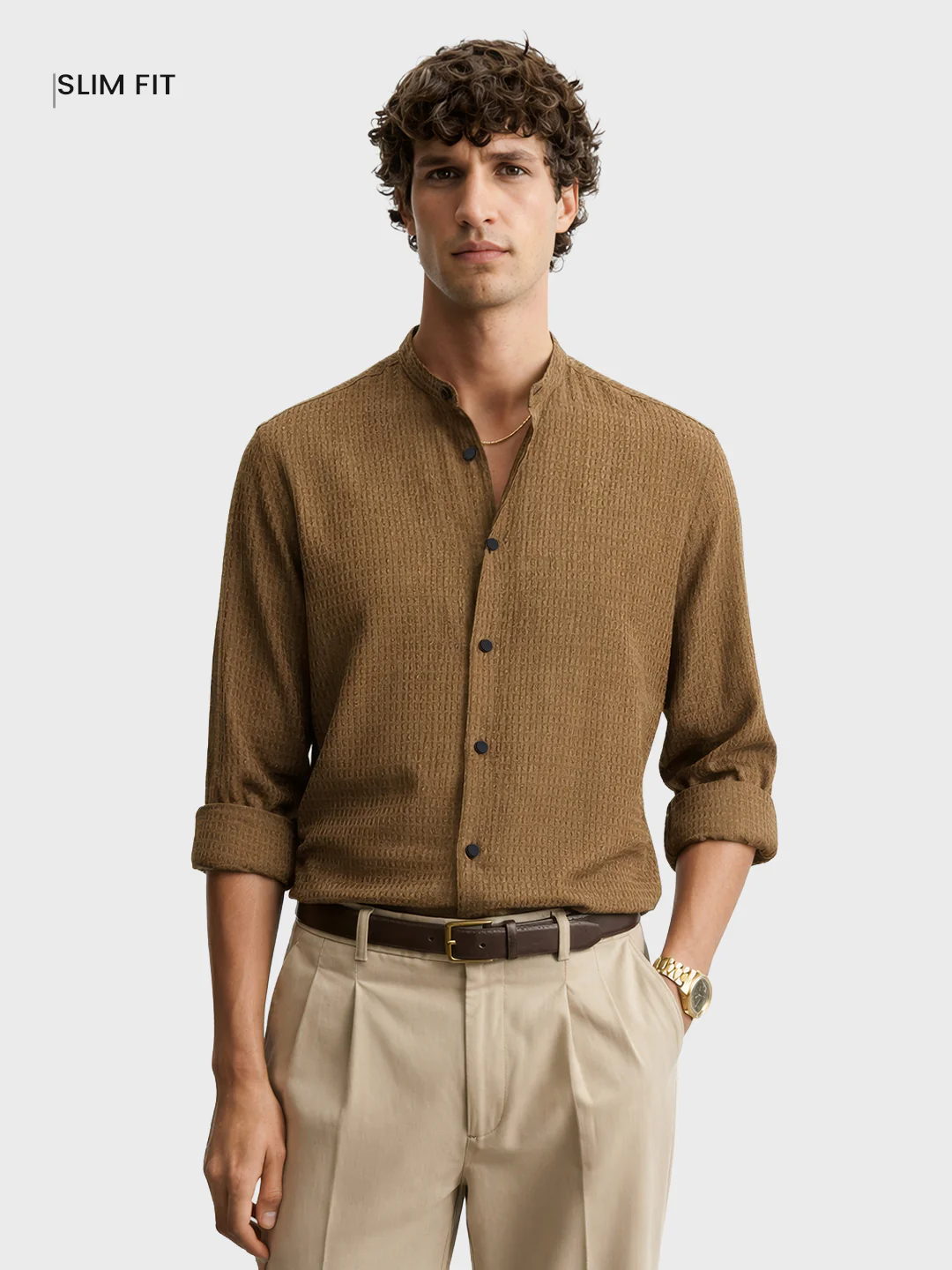 Men's Olive Slim Fit Textured Party Wear Shirt - Image 2