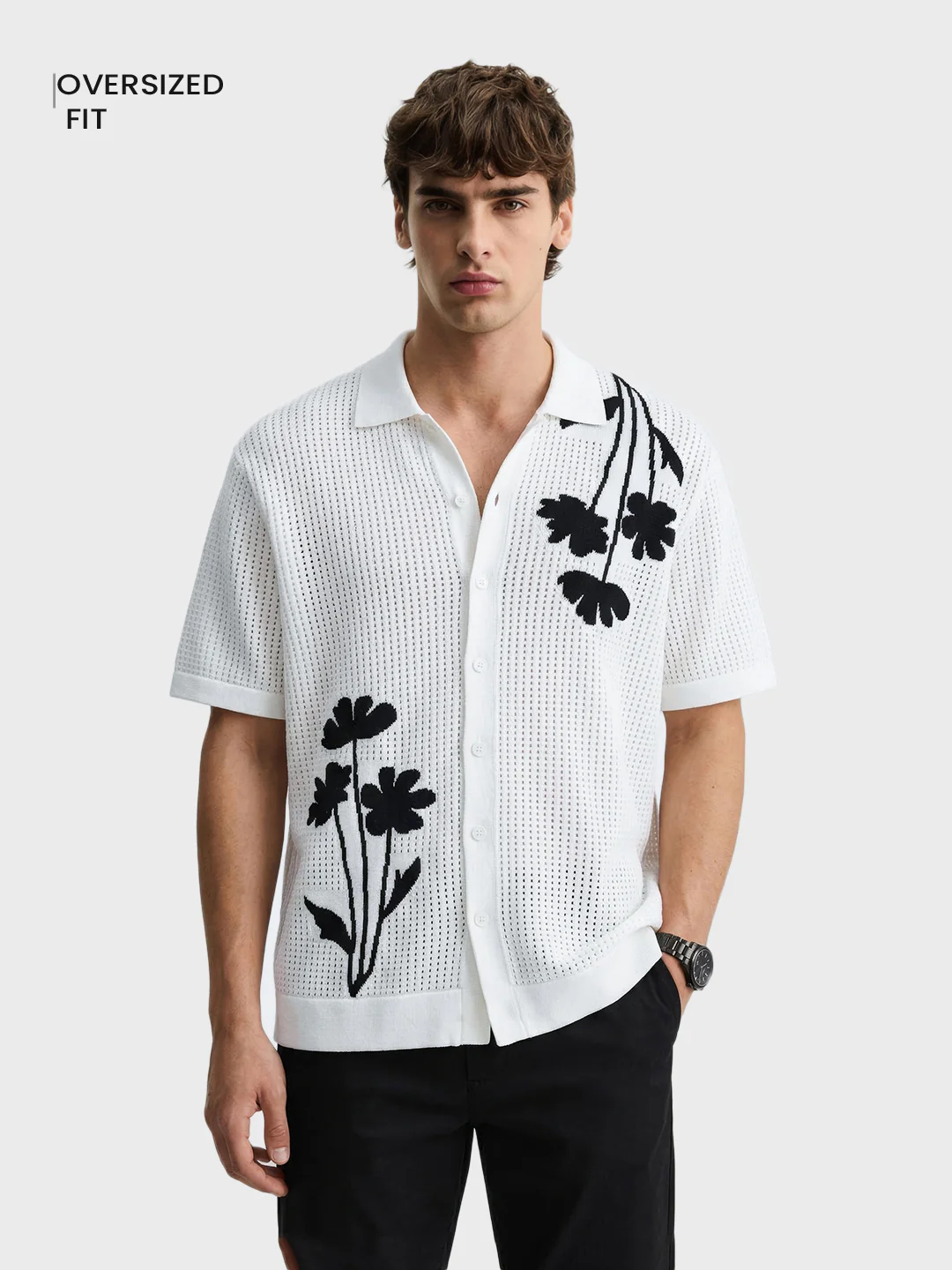 Men's White Oversized Fit Flat Knit Textured Shirt - Image 2