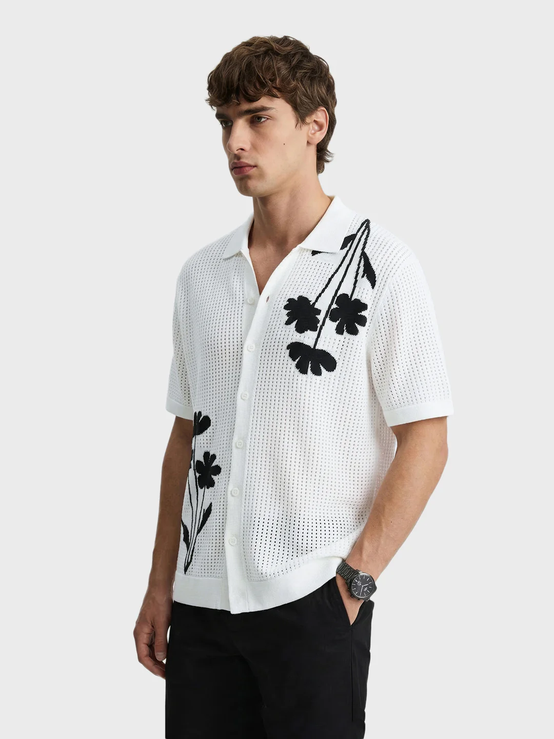 Men's White Oversized Fit Flat Knit Textured Shirt - Image 6