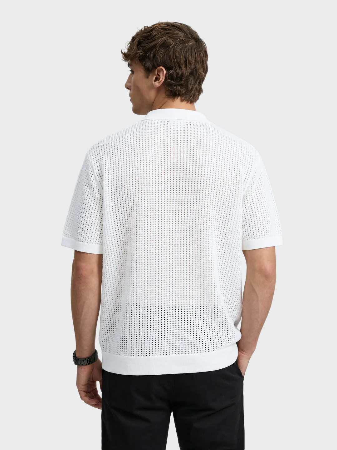 Men's White Oversized Fit Flat Knit Textured Shirt - Image 7