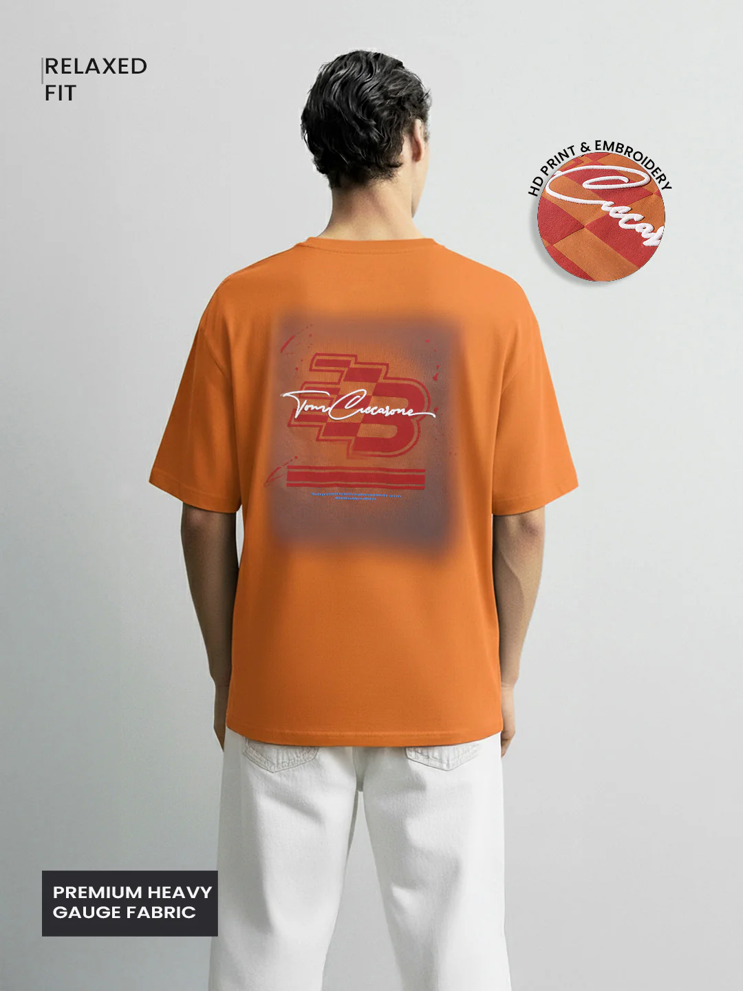Men's Orange Relaxed Fit Embroided 240 GSM Casual T-Shirt - Image 3