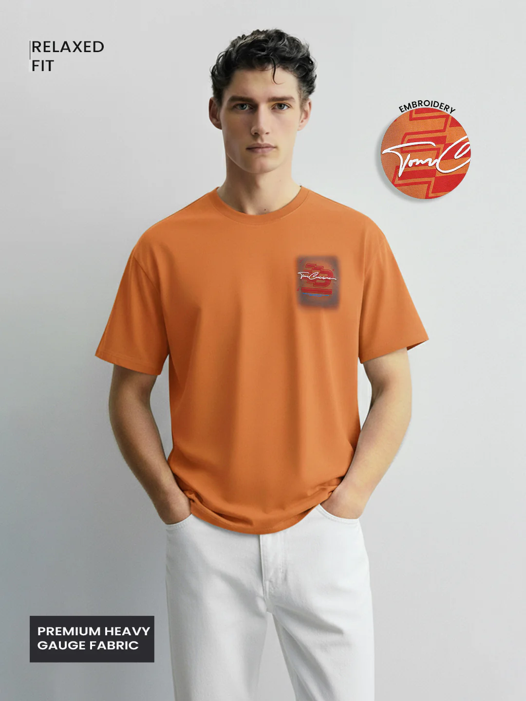 Men's Orange Relaxed Fit Embroided 240 GSM Casual T-Shirt - Image 4