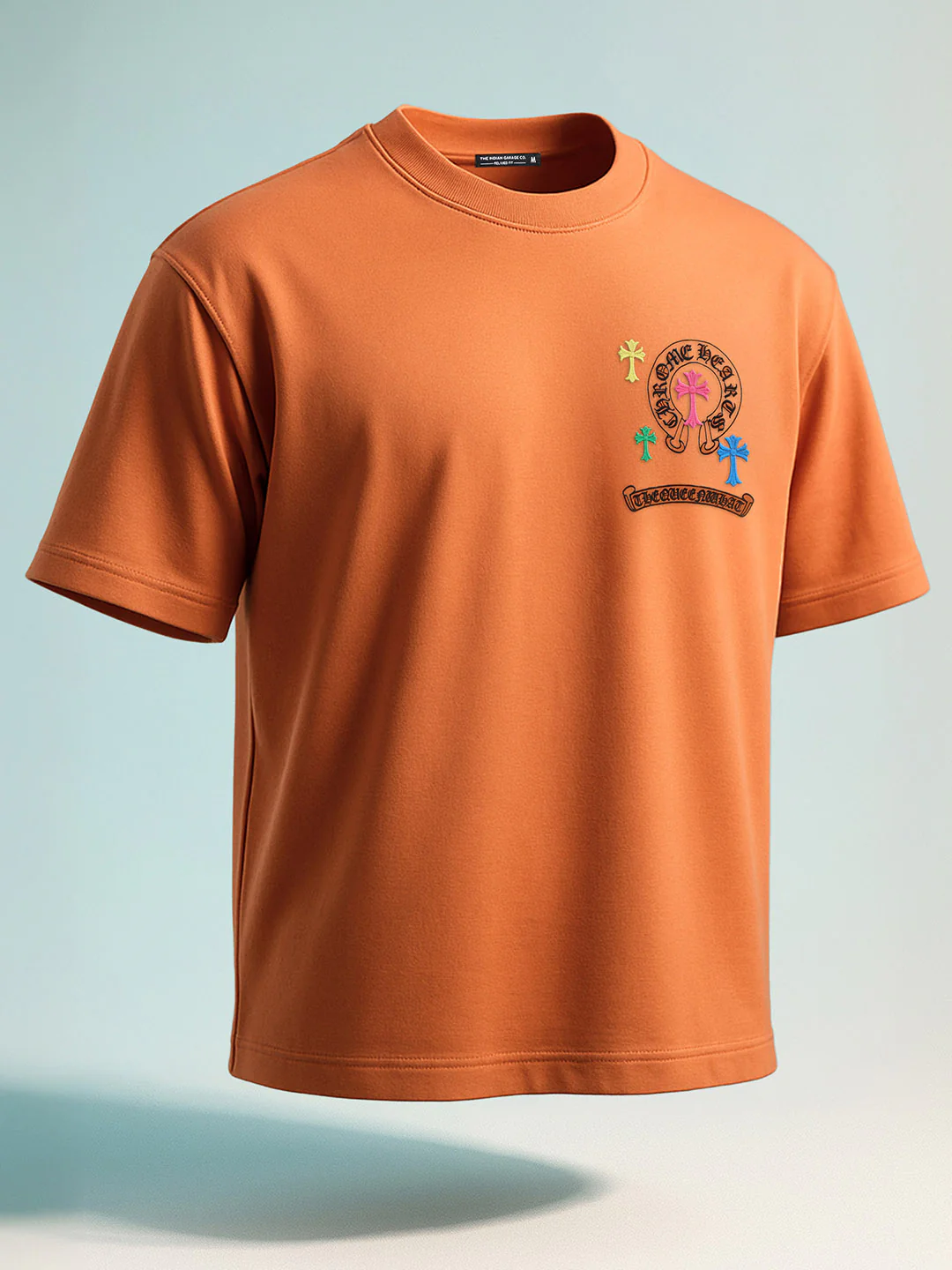 Men's Orange Relaxed Fit Embroided 240 GSM Casual T-Shirt - Image 2