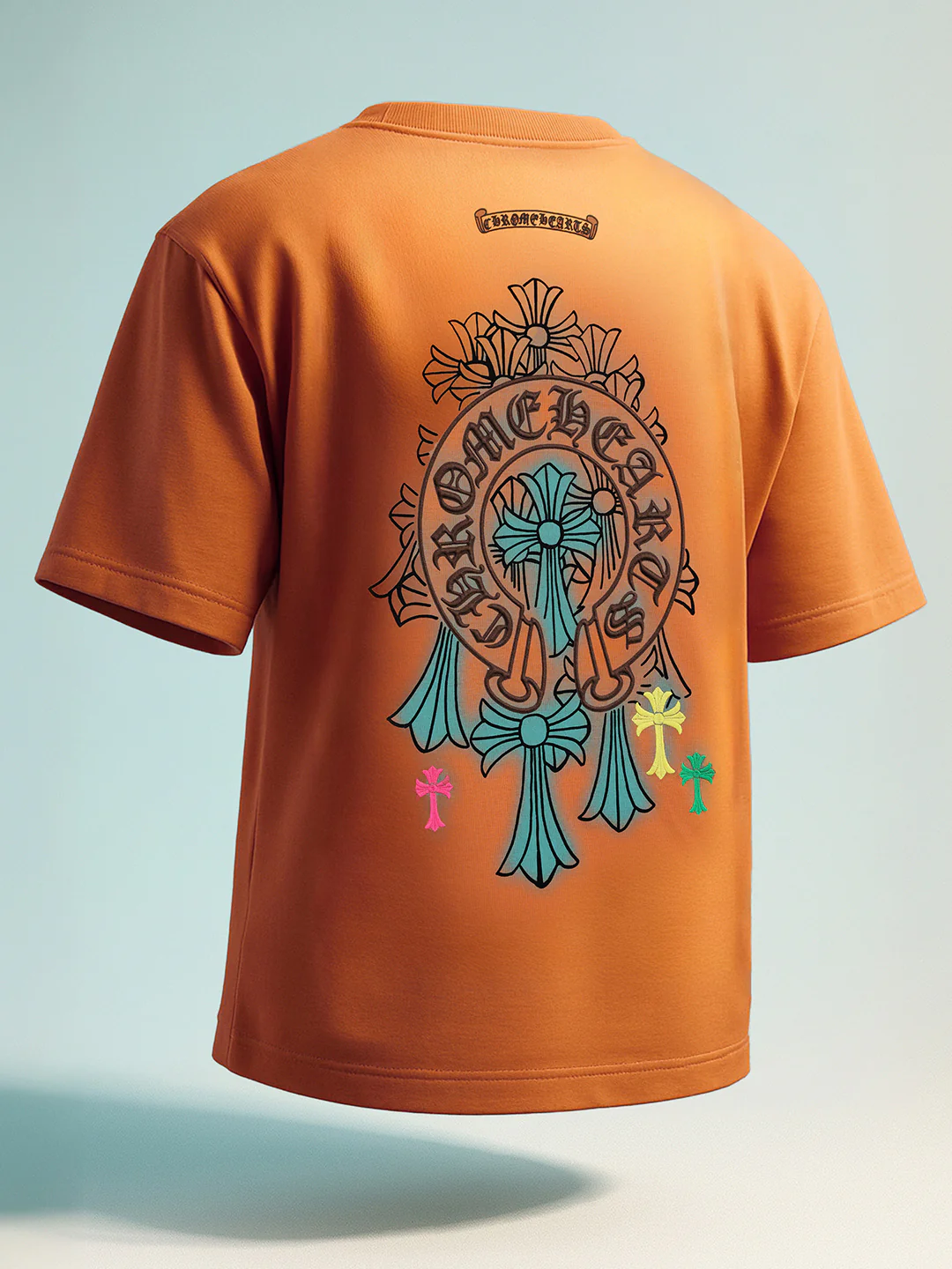 Men's Orange Relaxed Fit Embroided 240 GSM Casual T-Shirt - Image 3