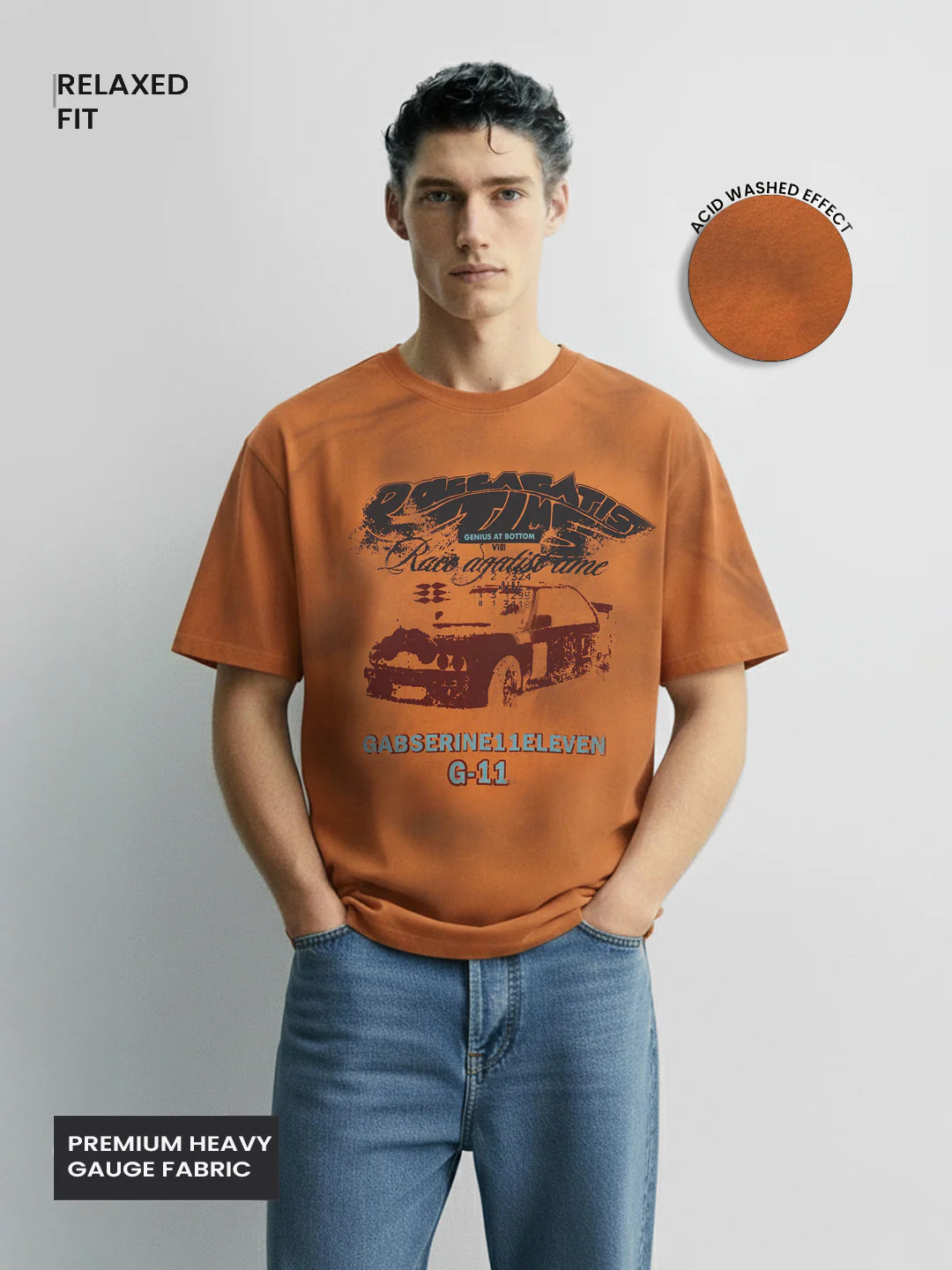 Men's Orange Relaxed Fit Graphic Printed 240 GSM Casual T-Shirt - Image 3