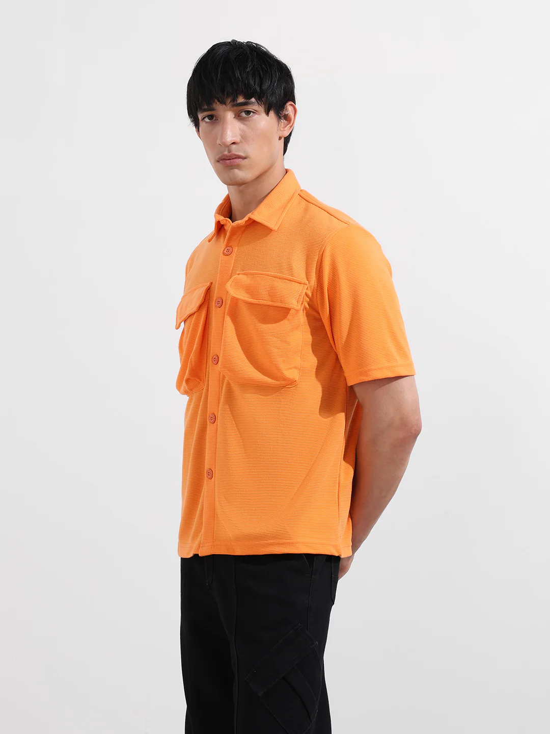 Men's Orange Relaxed Fit Solid Street Wear Shirt - Image 3