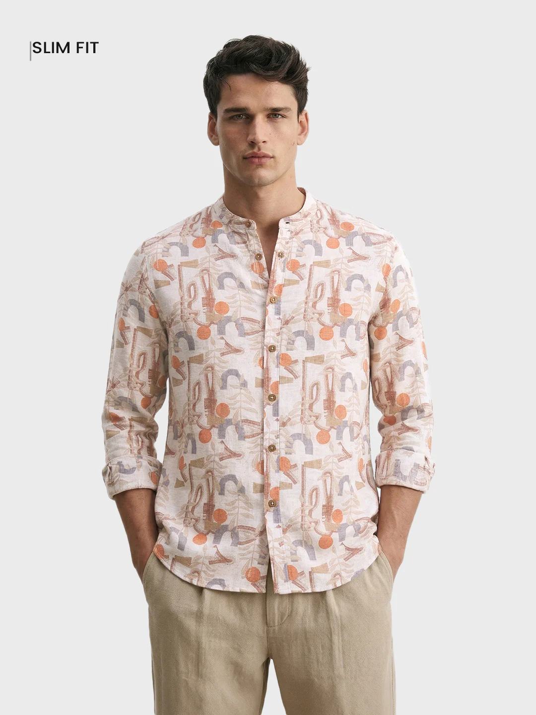 Men's Orange Slim Fit Printed Casual Shirt - Image 2