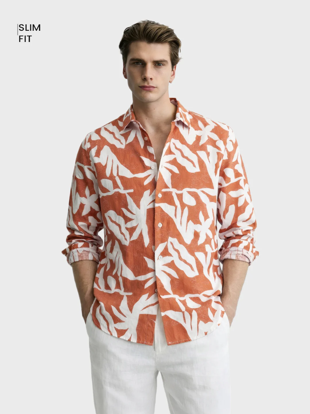 Men's Orange Slim Fit Printed Casual Shirts - Image 2