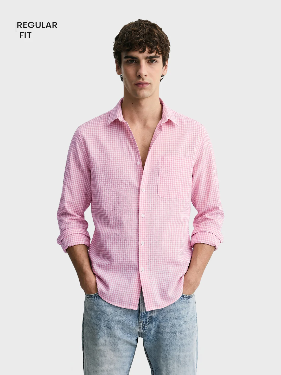 Men's Pink Regular Fit Checkered Casual Shirt - Image 2