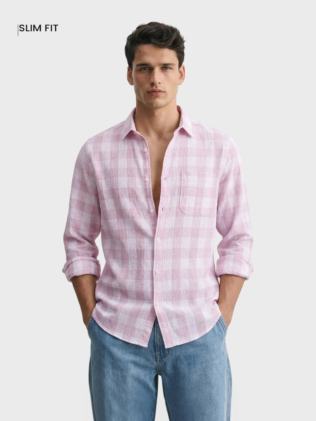Men's Pink Relaxed Fit Checkered Oddinary Shirt - Image 2