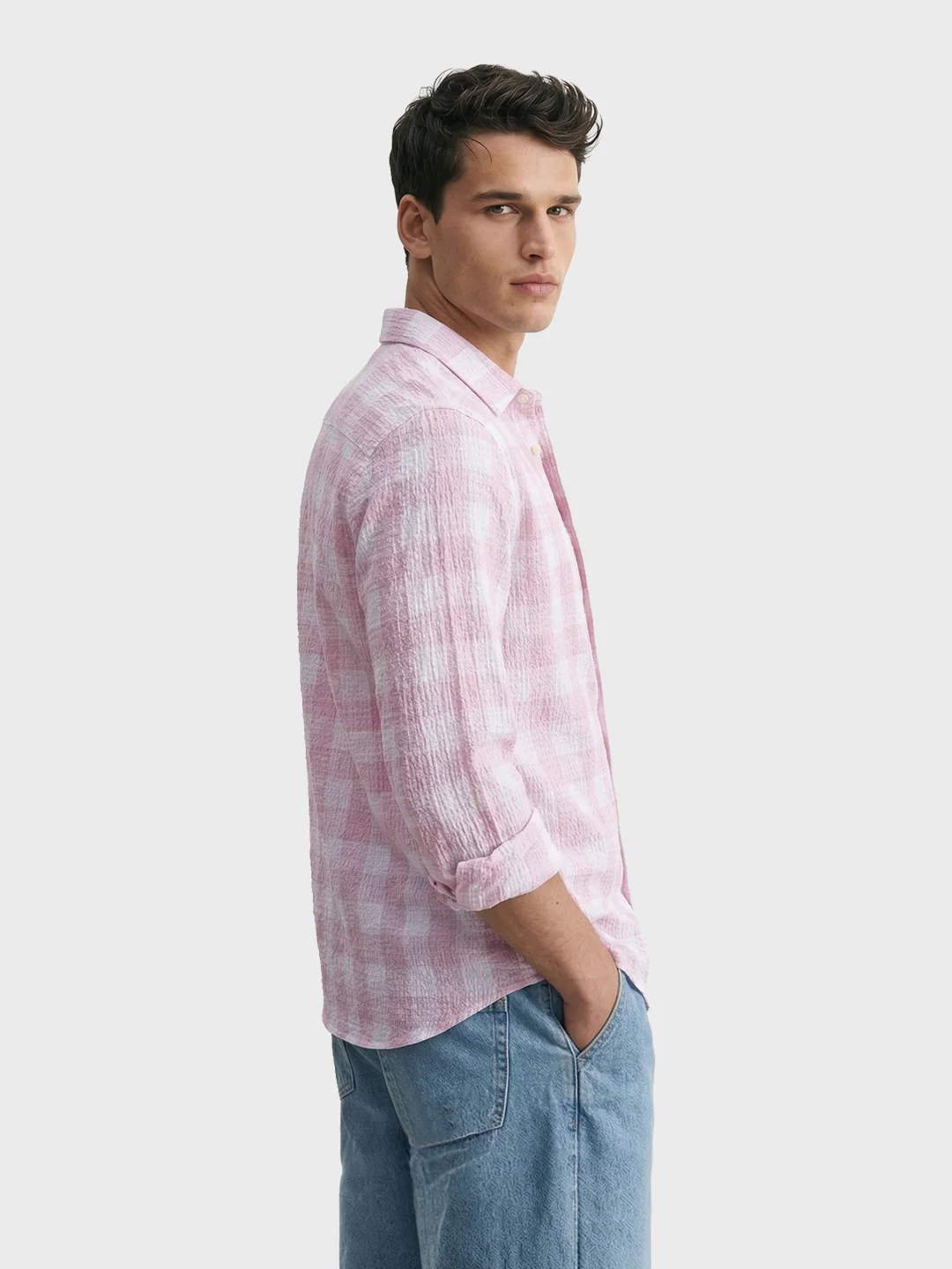 Men's Pink Relaxed Fit Checkered Oddinary Shirt - Image 3