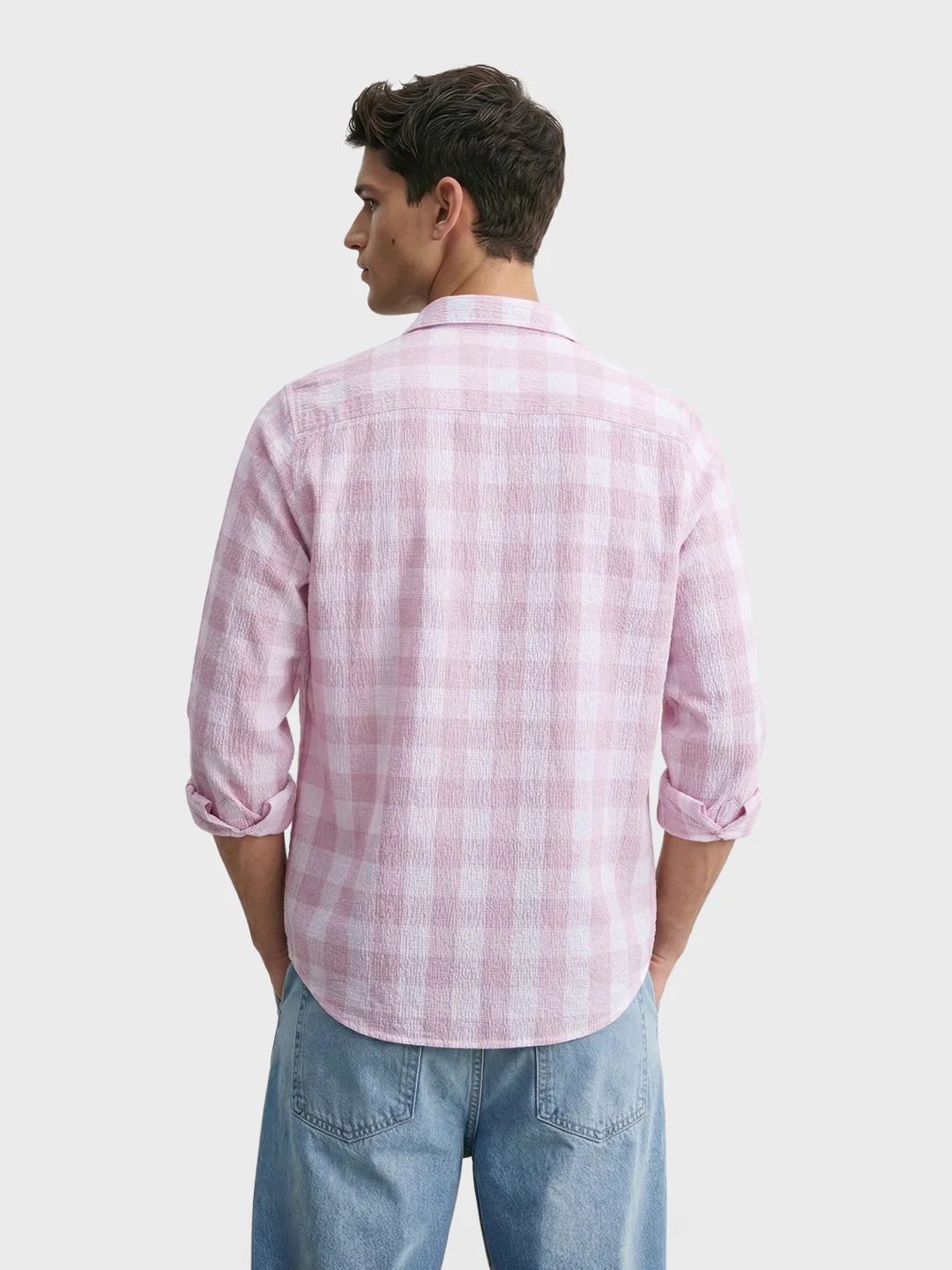 Men's Pink Relaxed Fit Checkered Oddinary Shirt - Image 4
