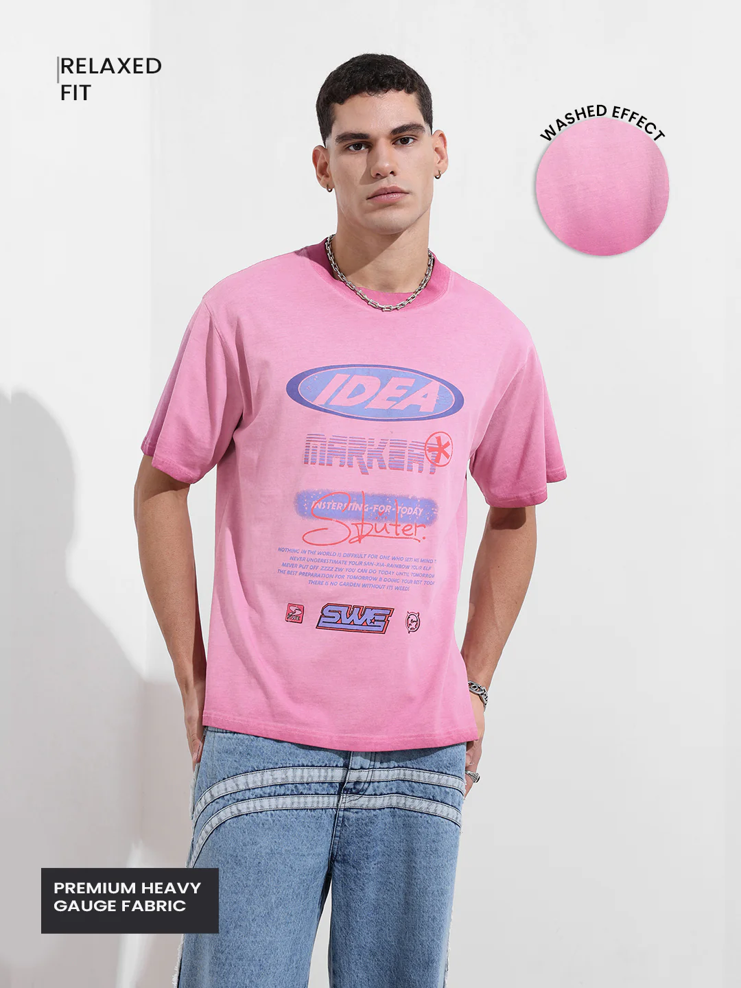Men's Pink Relaxed Fit Graphic Printed 240 GSM Street Wear T-Shirt - Image 3