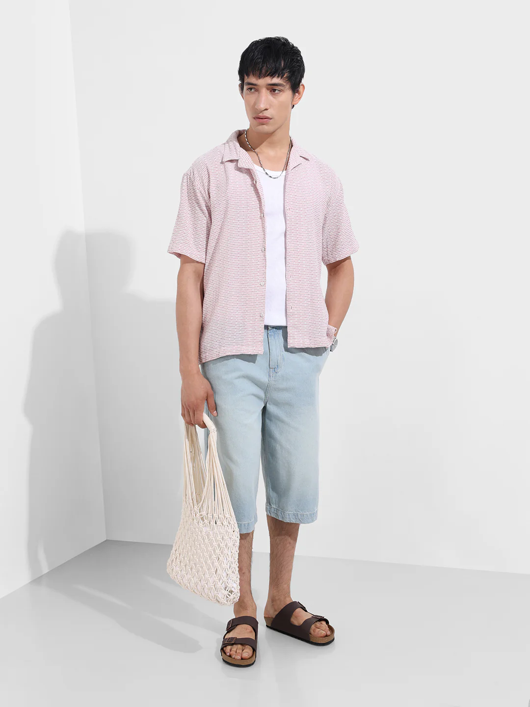 Men's Pink Relaxed Fit Resort Wear Textured Shirt - Image 3