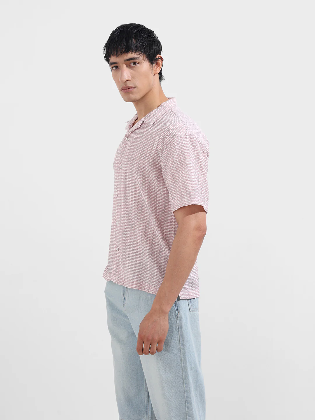 Men's Pink Relaxed Fit Resort Wear Textured Shirt - Image 4
