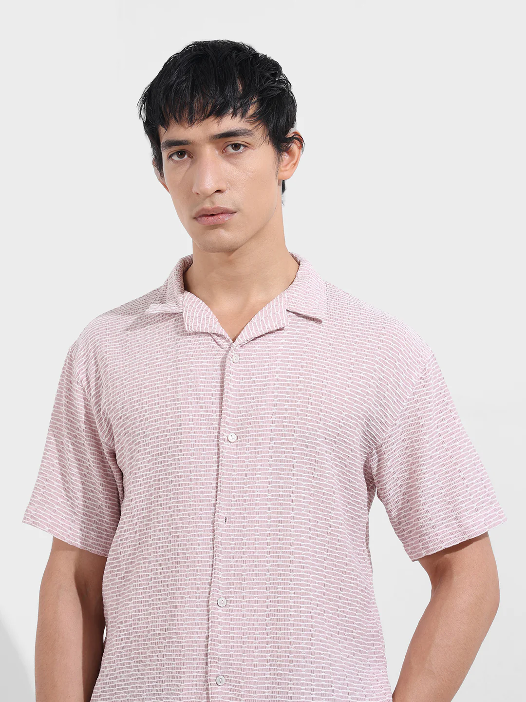 Men's Pink Relaxed Fit Resort Wear Textured Shirt - Image 5