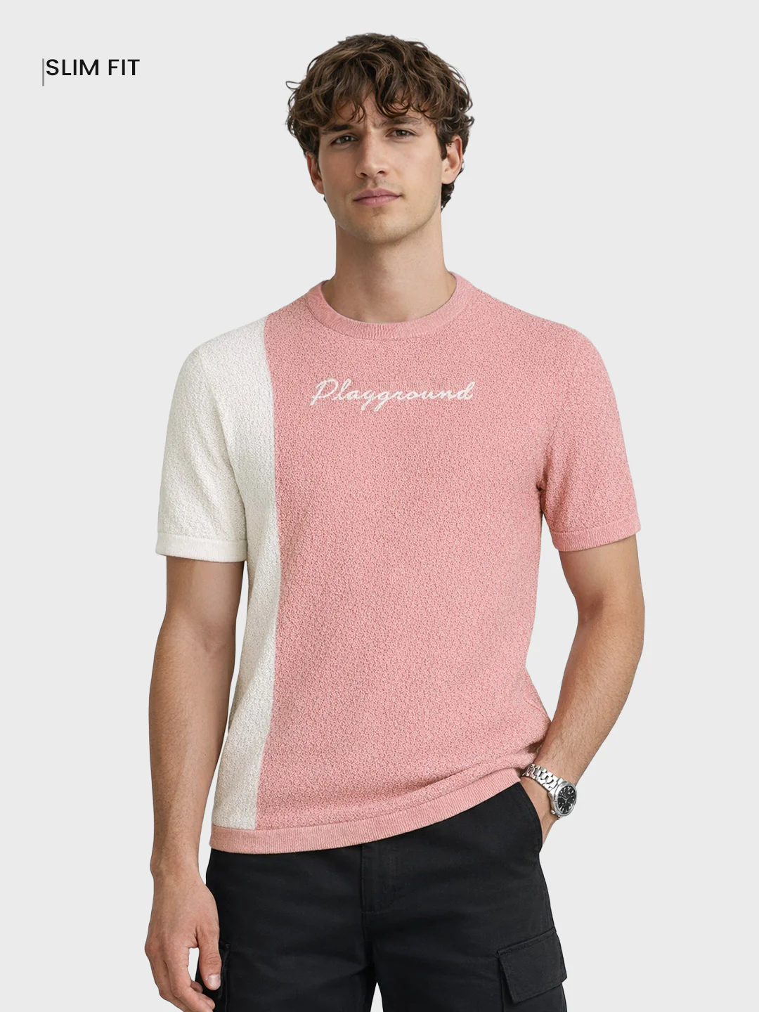 Men's Pink Slim Fit Solid Casual T-Shirt - Image 2