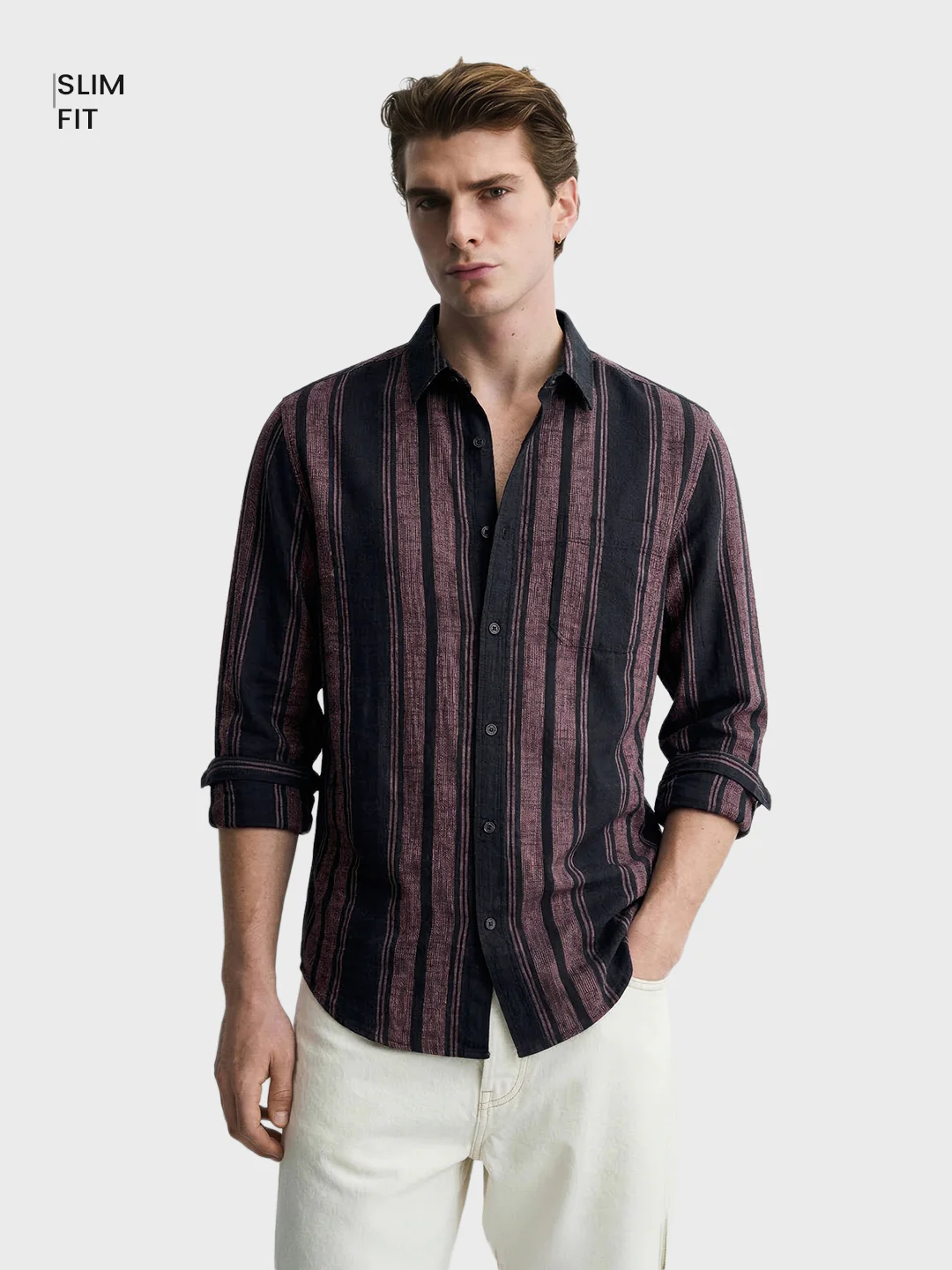 Men's Pink Slim Fit Striped Casual Shirts - Image 2