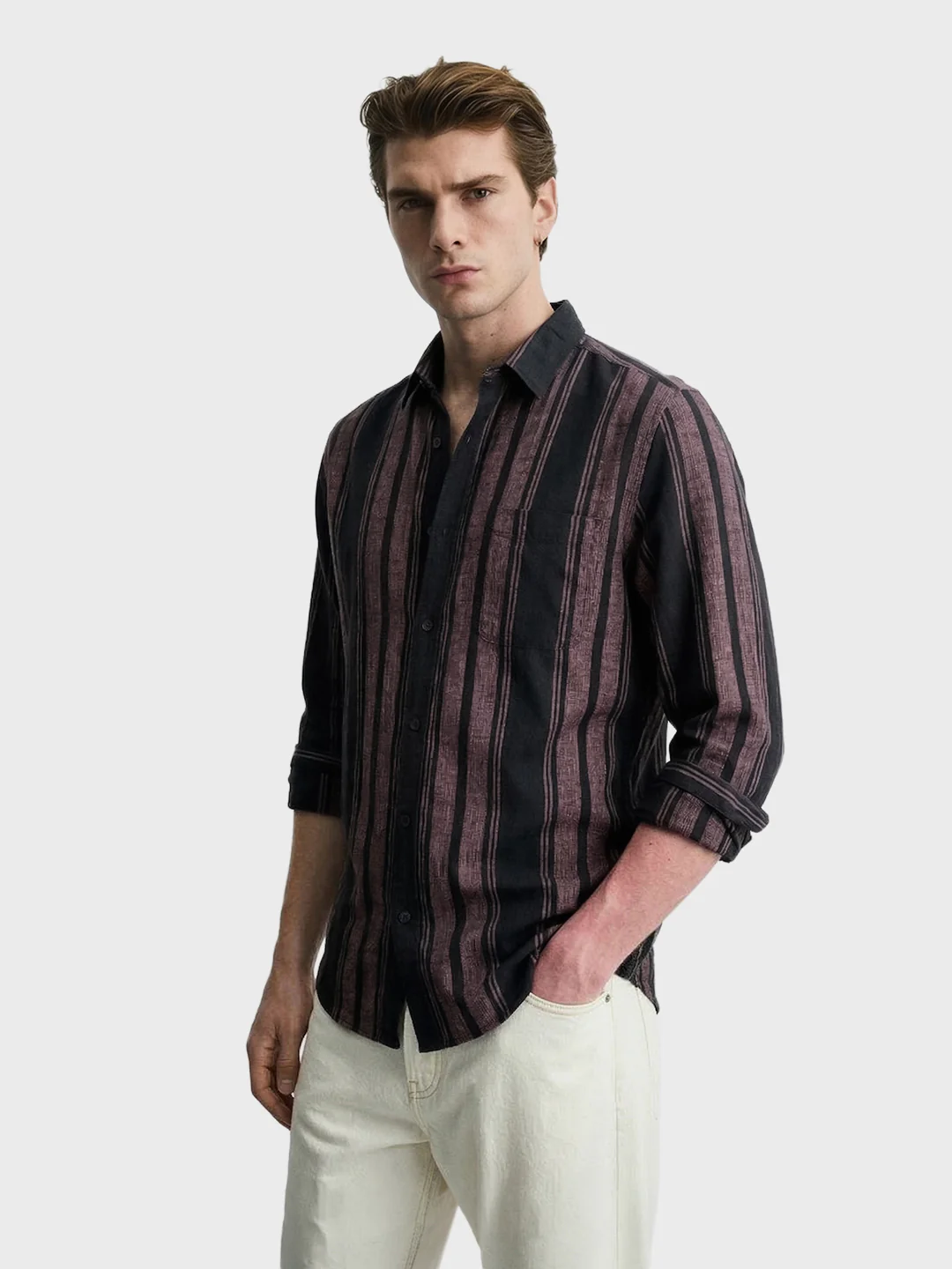 Men's Pink Slim Fit Striped Casual Shirts - Image 4