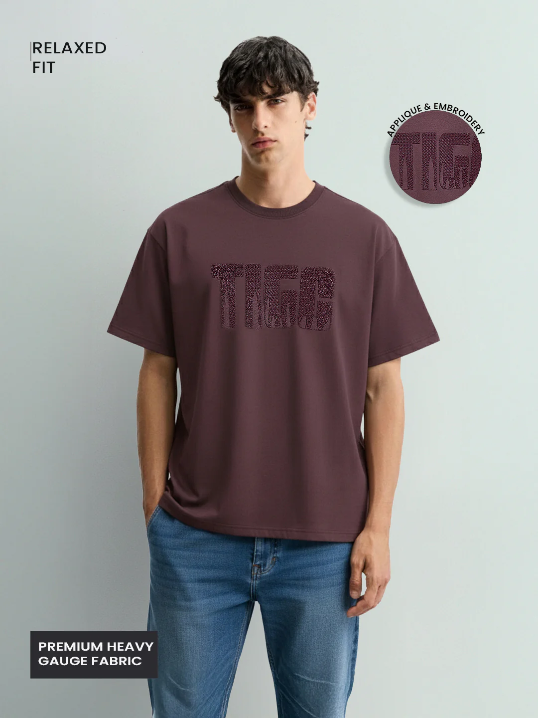 Men's Purple Relaxed Fit Embroided 240 GSM Casual T-Shirt - Image 3
