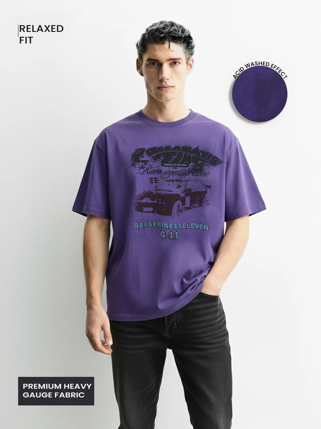 Men's Purple Relaxed Fit Graphic Printed 240 GSM Casual T-Shirt - Image 3