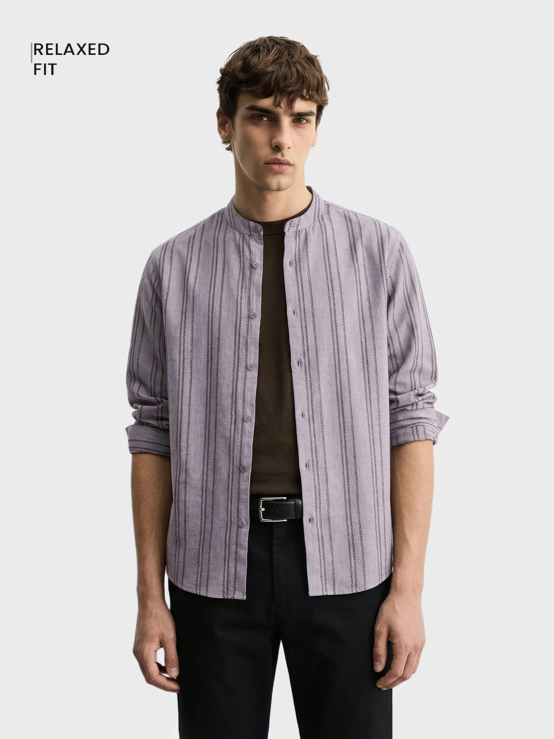 Men's Purple Relaxed Fit Vertical Stripes Resort Wear Shirt - Image 2