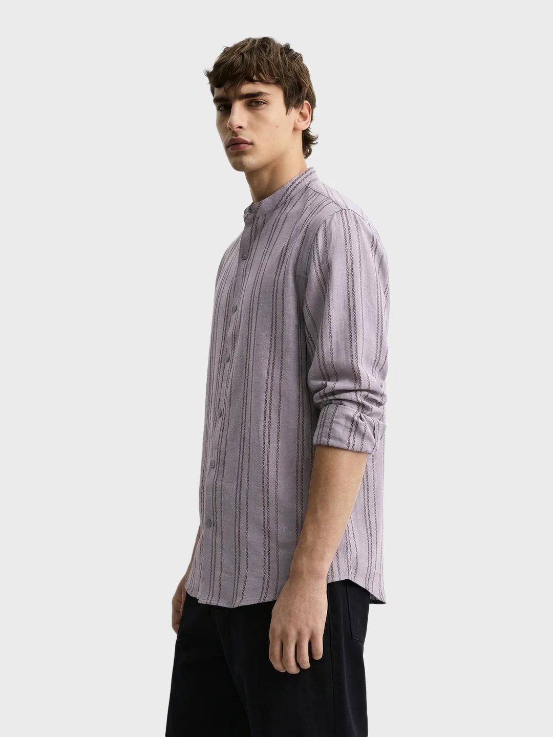 Men's Purple Relaxed Fit Vertical Stripes Resort Wear Shirt - Image 3
