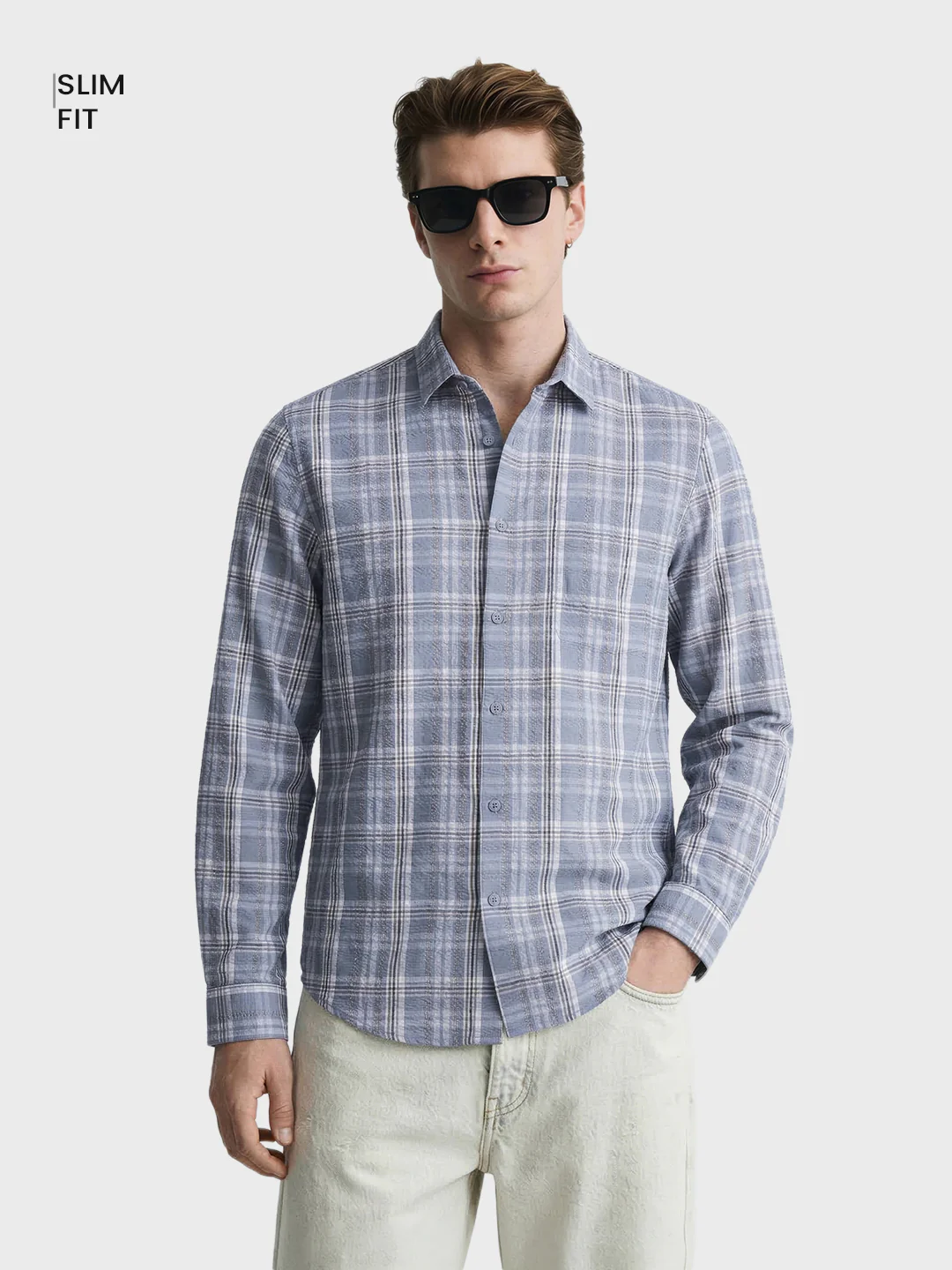 Men's Blue Slim Fit Checkered Casual Shirt - Image 2