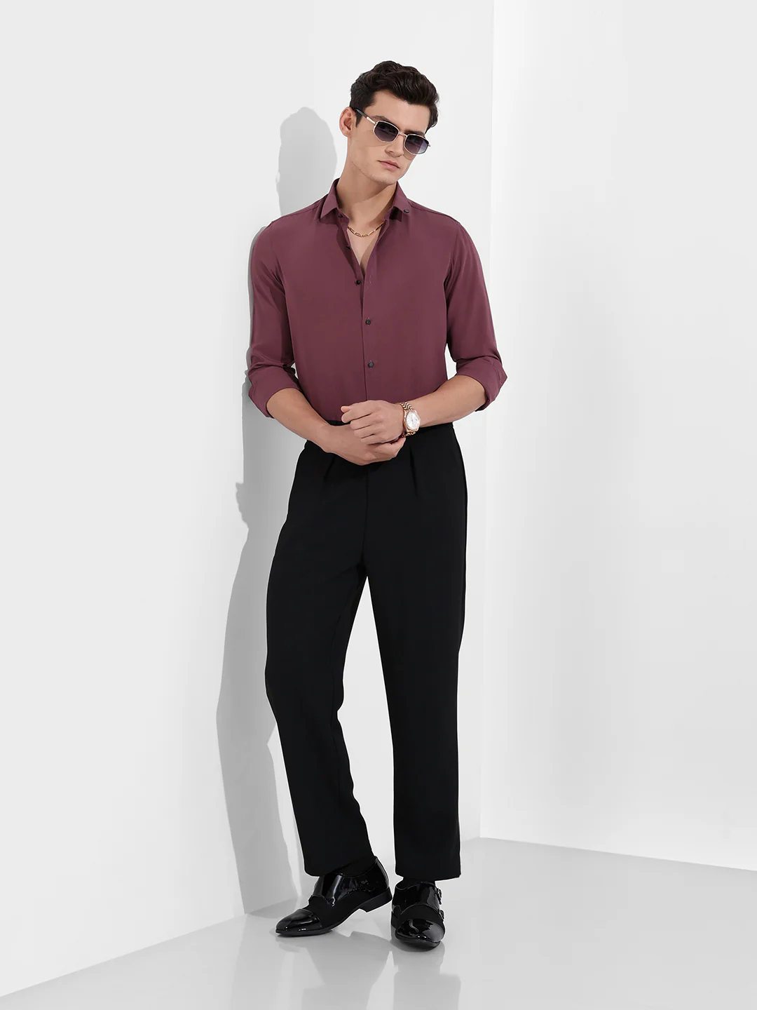 Men's Purple Slim Fit Party Wear Solid Shirt - Image 2