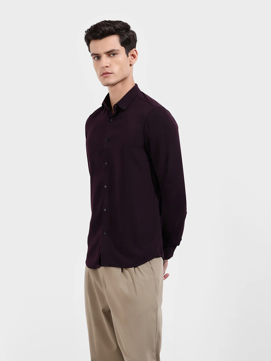 Men's Purple Slim Fit Party Wear Solid Shirt - Image 3