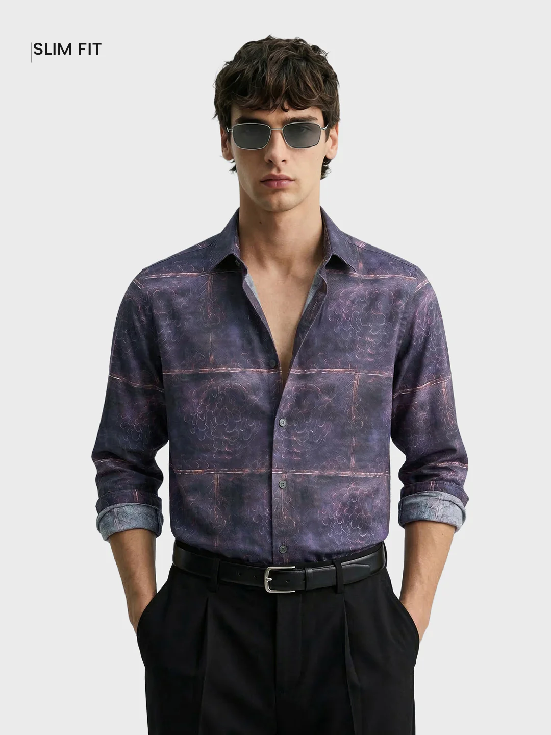 Men's Purple Slim Fit Printed Party Wear Shirt - Image 2