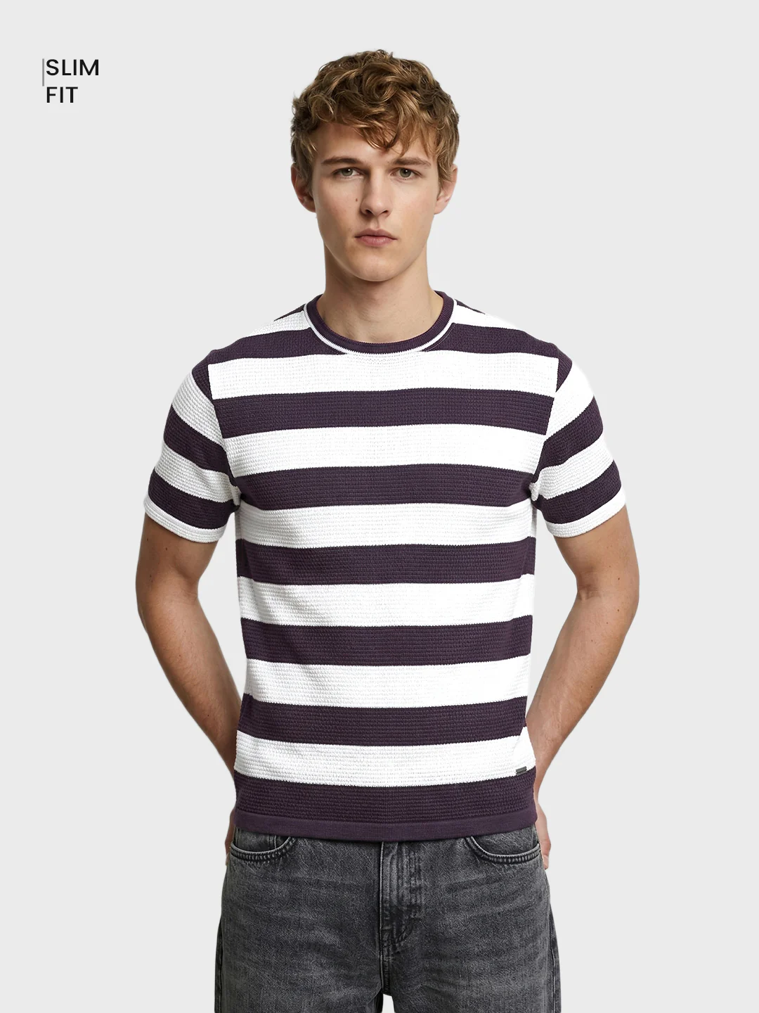 Men's Purple Slim Fit Striped Casual T-Shirt - Image 2