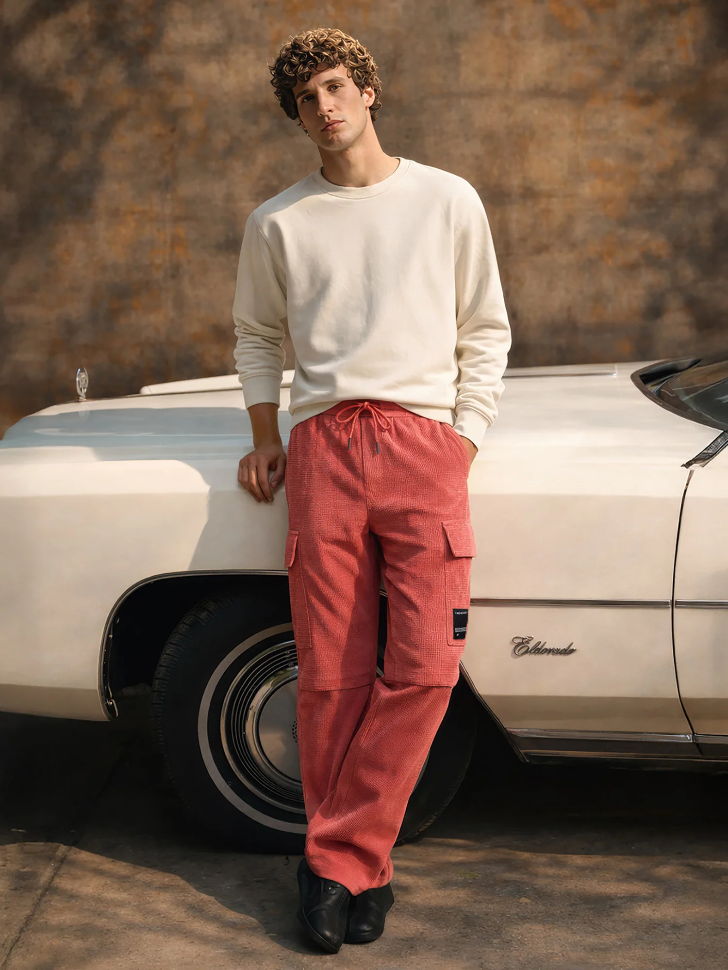 Men's Red Baggy Fit Textured Utility Cargo - Image 4