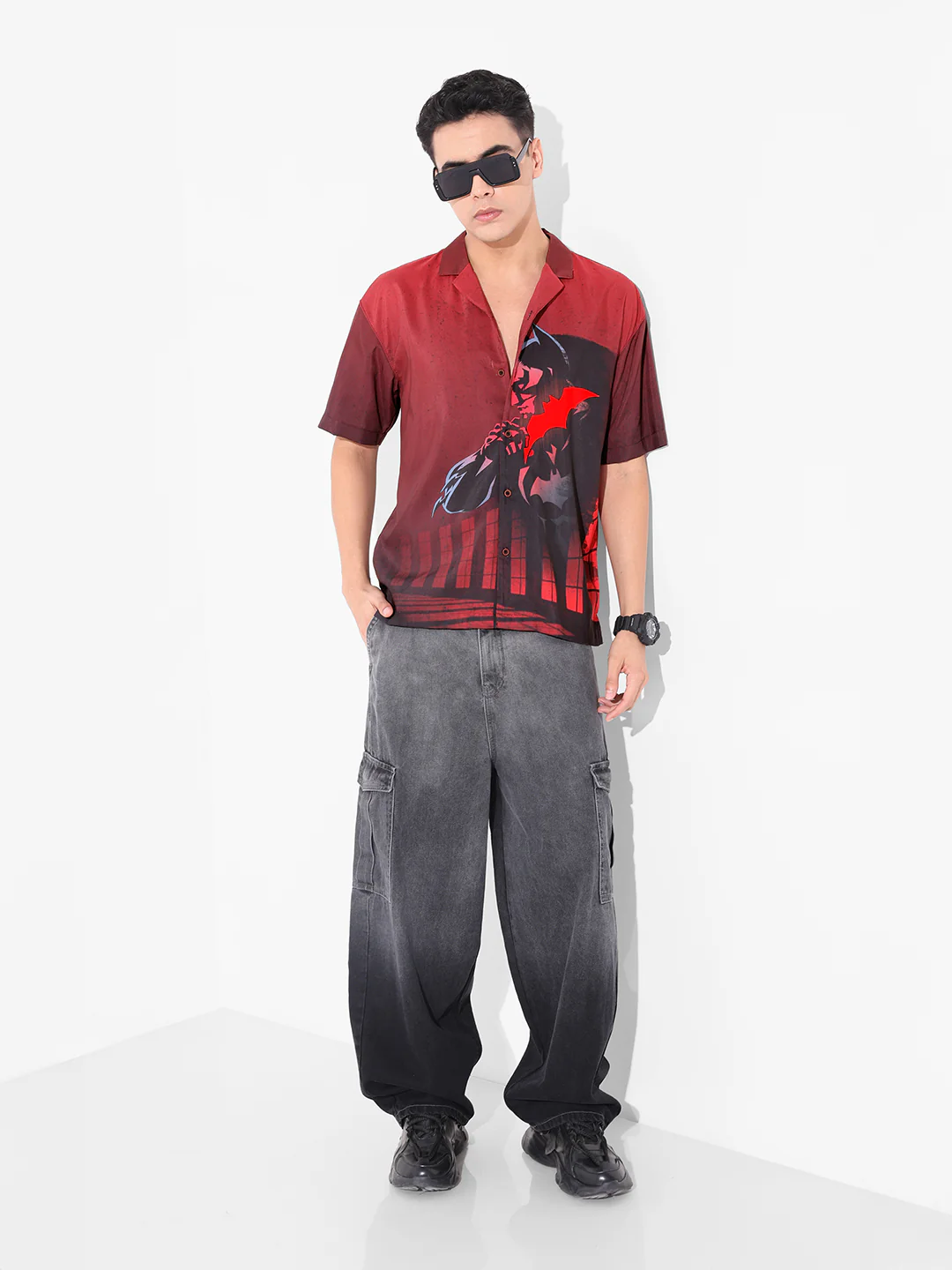Men's Red Relaxed Fit Batman Character Printed Shirt - Image 5