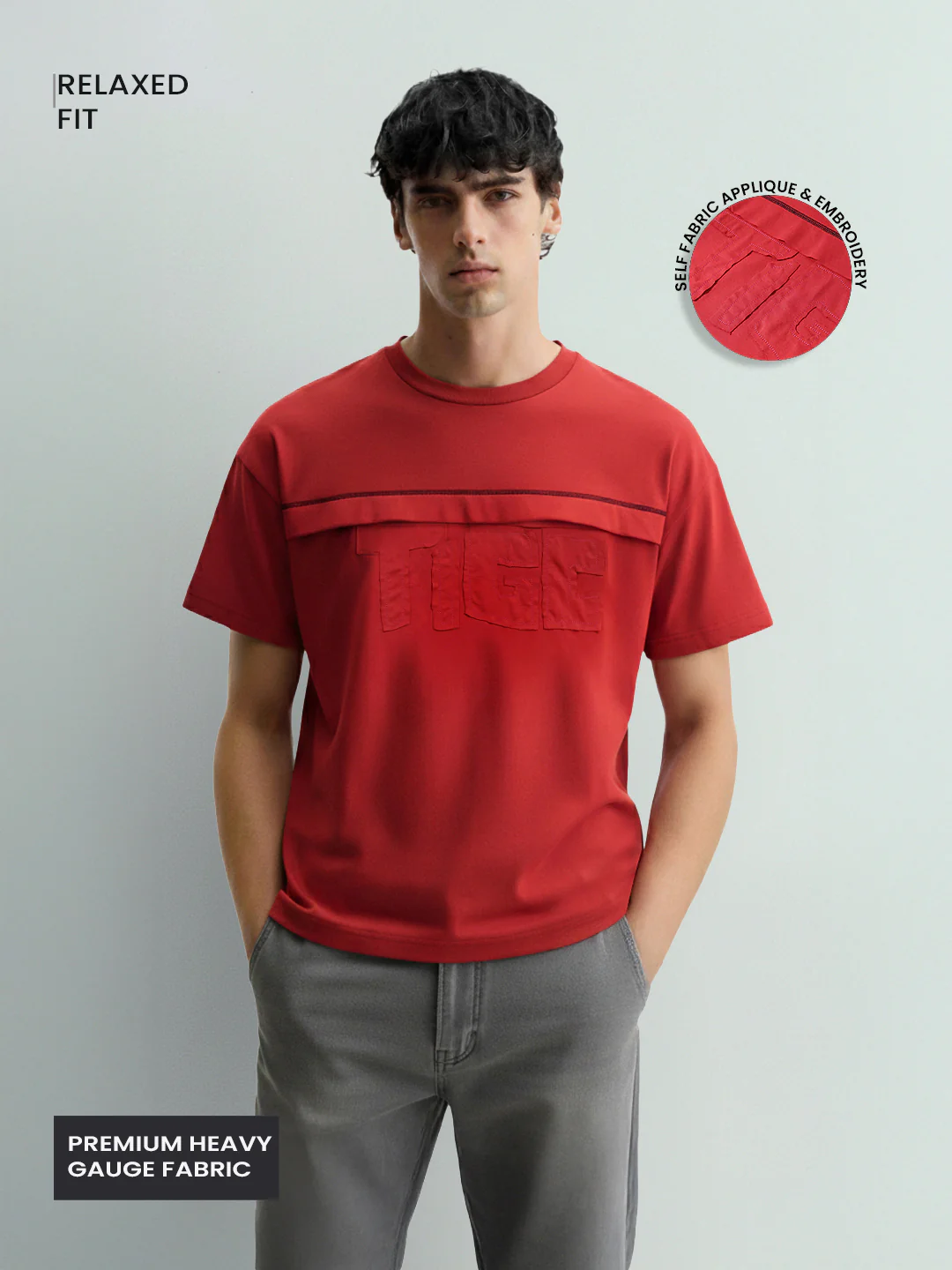 Men's Red Relaxed Fit Embroided 240 GSM Casual T-Shirt - Image 3