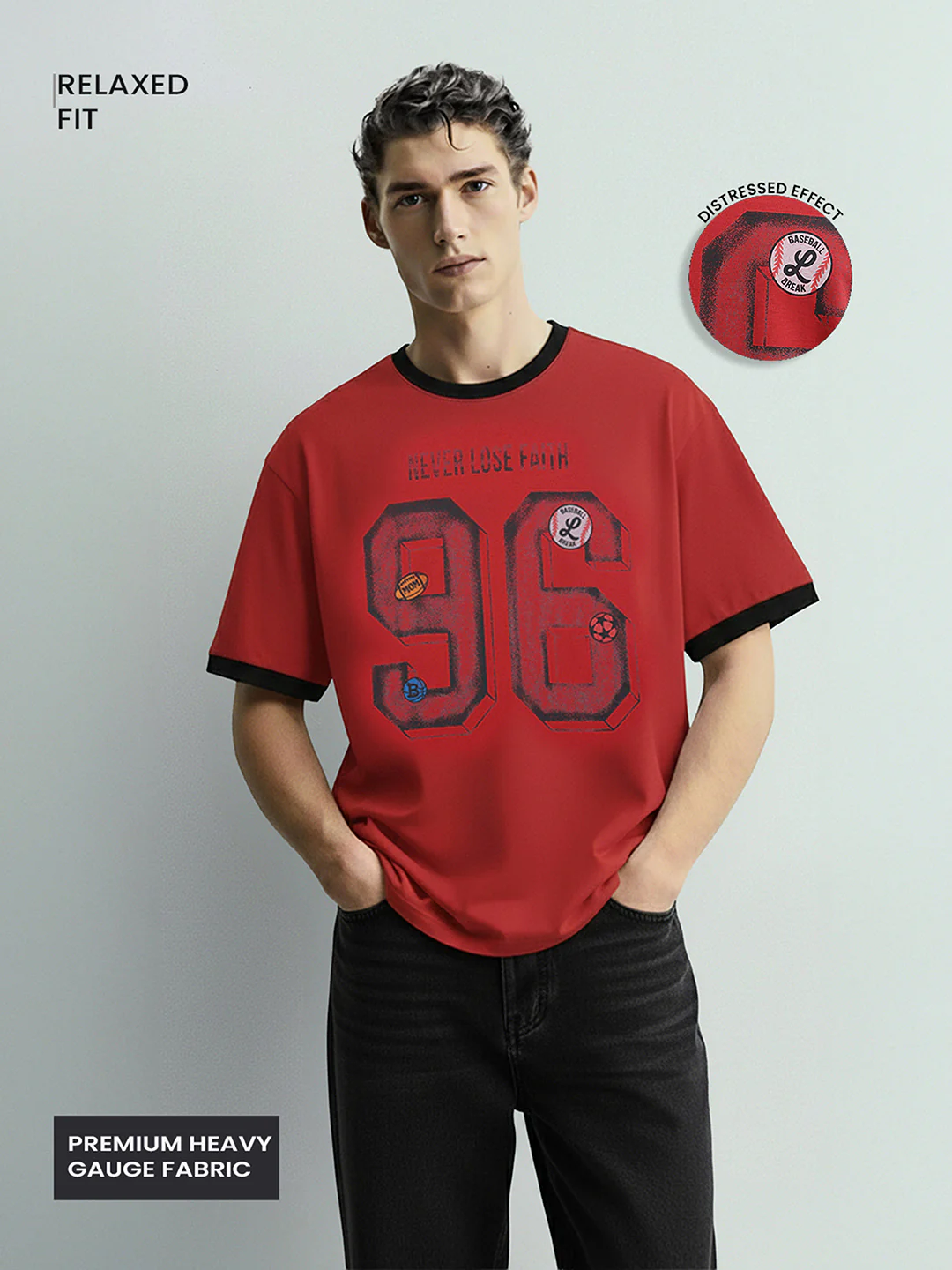 Men's Red Relaxed Fit Graphic Printed 240 GSM Sport Wear T-Shirt - Image 3