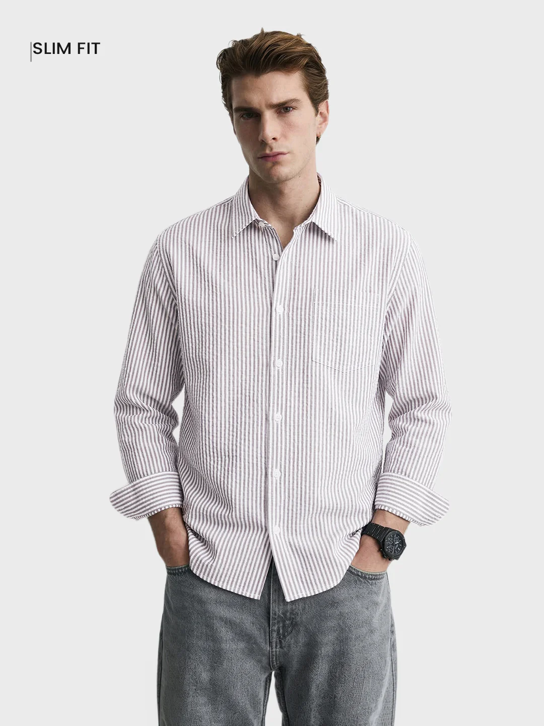 Men's Grey Relaxed Fit Striped Casual Shirt - Image 2