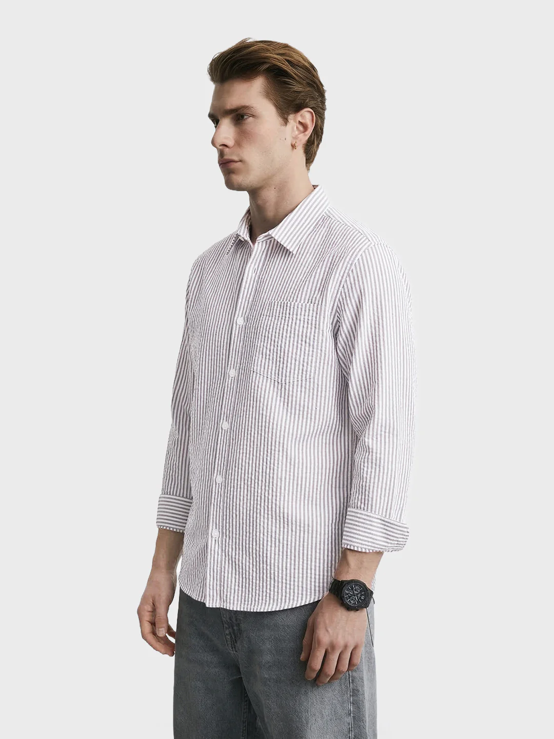 Men's Grey Relaxed Fit Striped Casual Shirt - Image 3