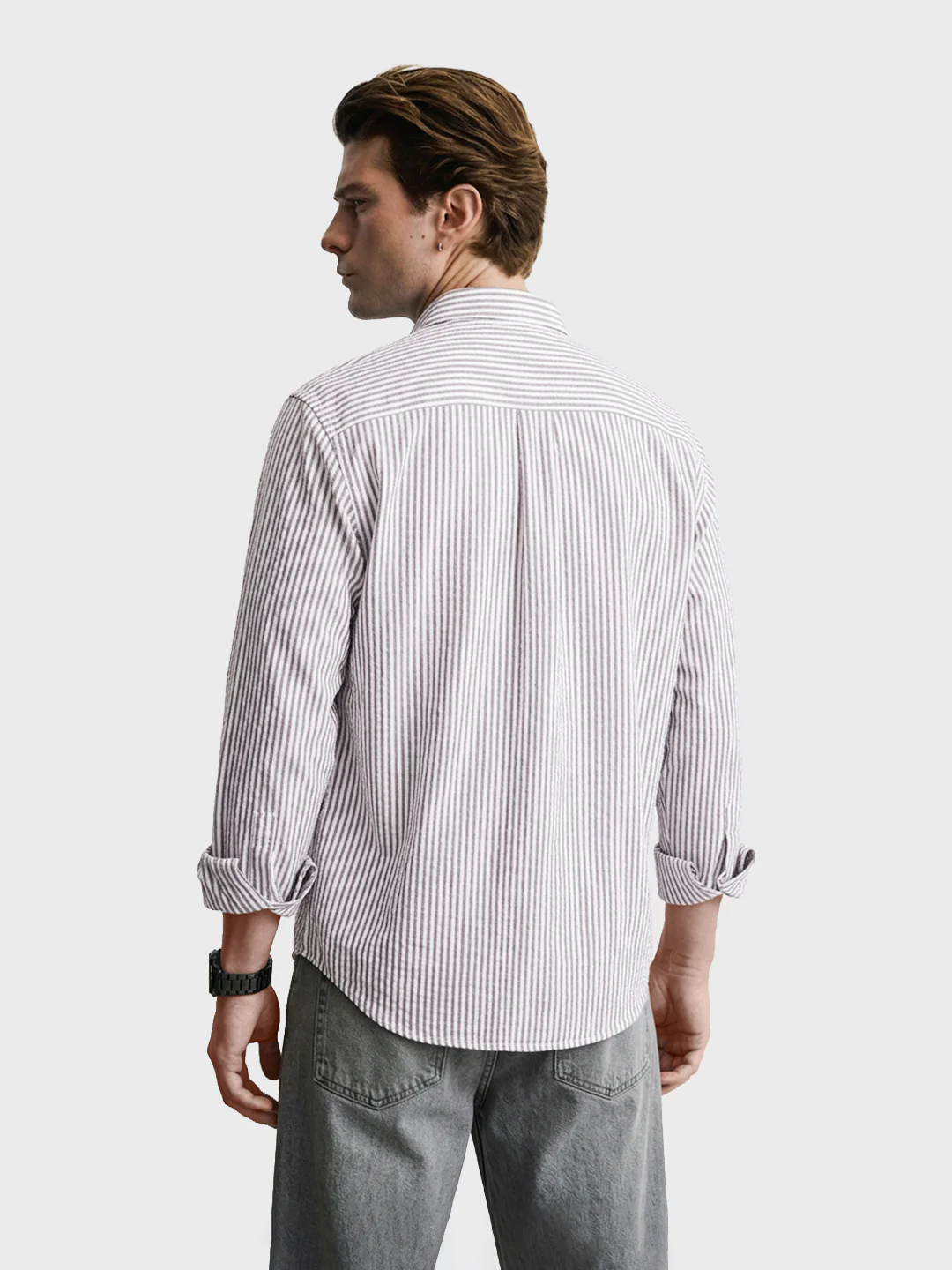 Men's Grey Relaxed Fit Striped Casual Shirt - Image 4