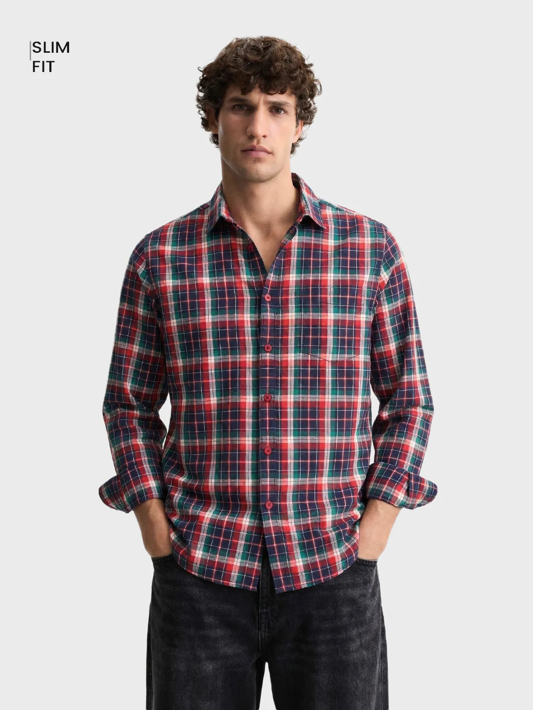 Men's Red Slim Fit Checked Casual Shirt - Image 2