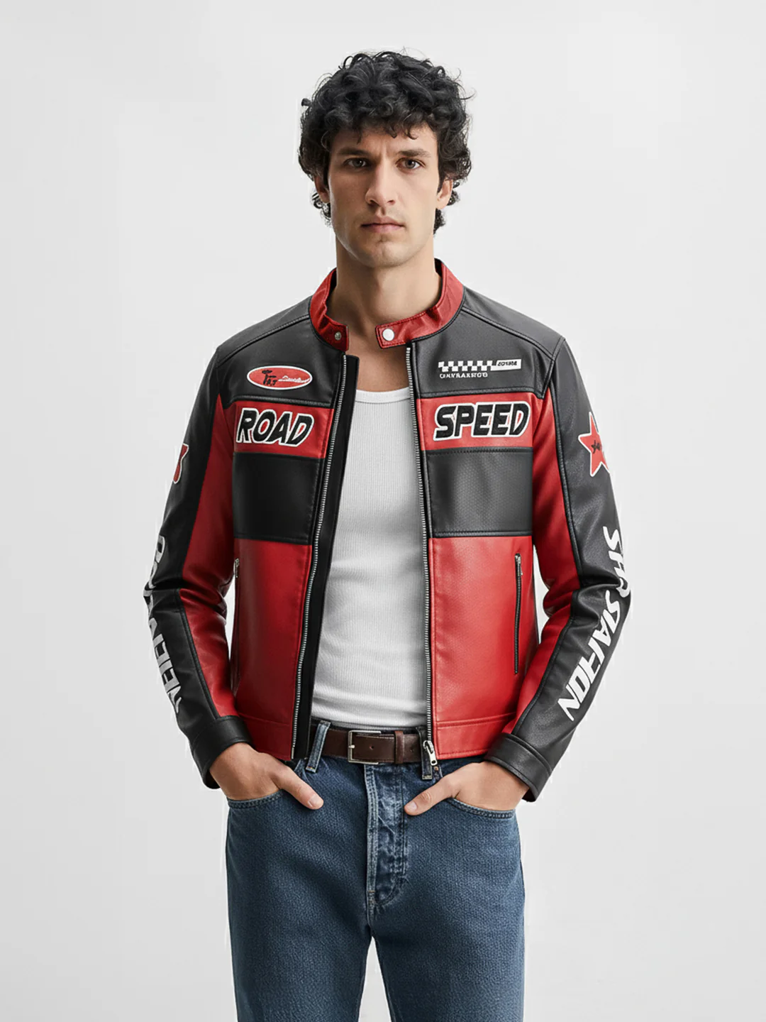 Men's Red Slim Fit Embroided Casual Biker Jacket - Image 2