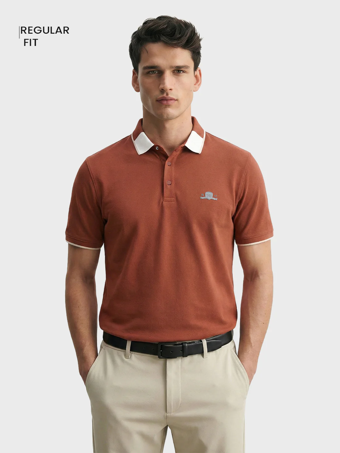 Men's Rust Regular Fit Embroidered Casual T-Shirts - Image 2