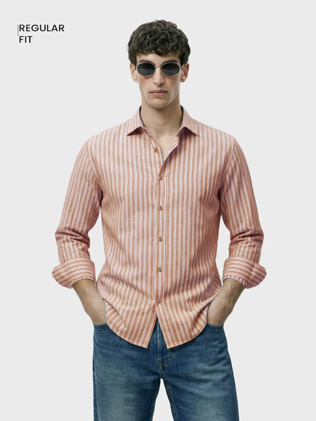 Men's Rust Regular Fit Striped Casual Shirt - Image 2