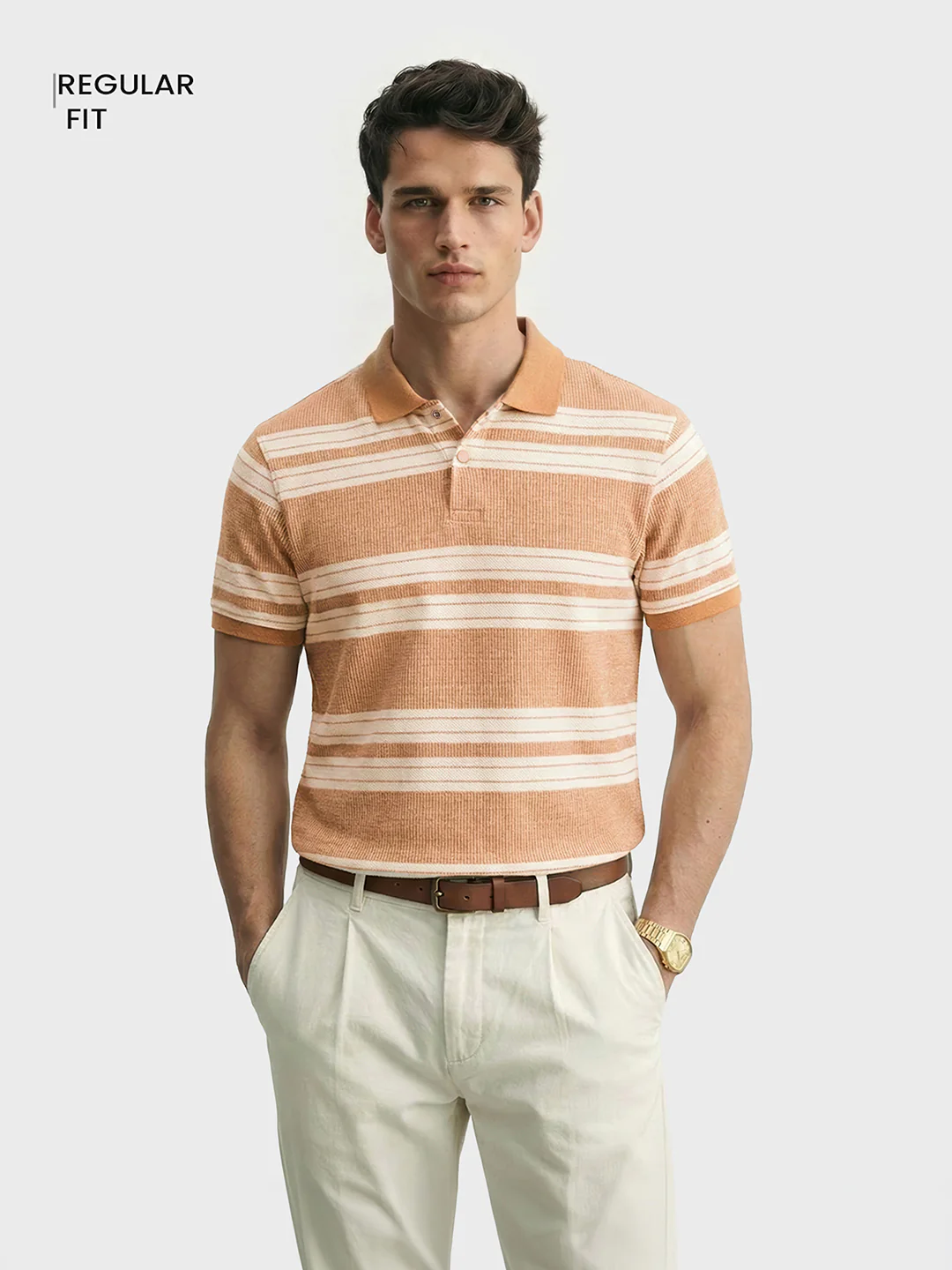 Men's Rust Regular Fit Striped Casual T-Shirts - Image 2