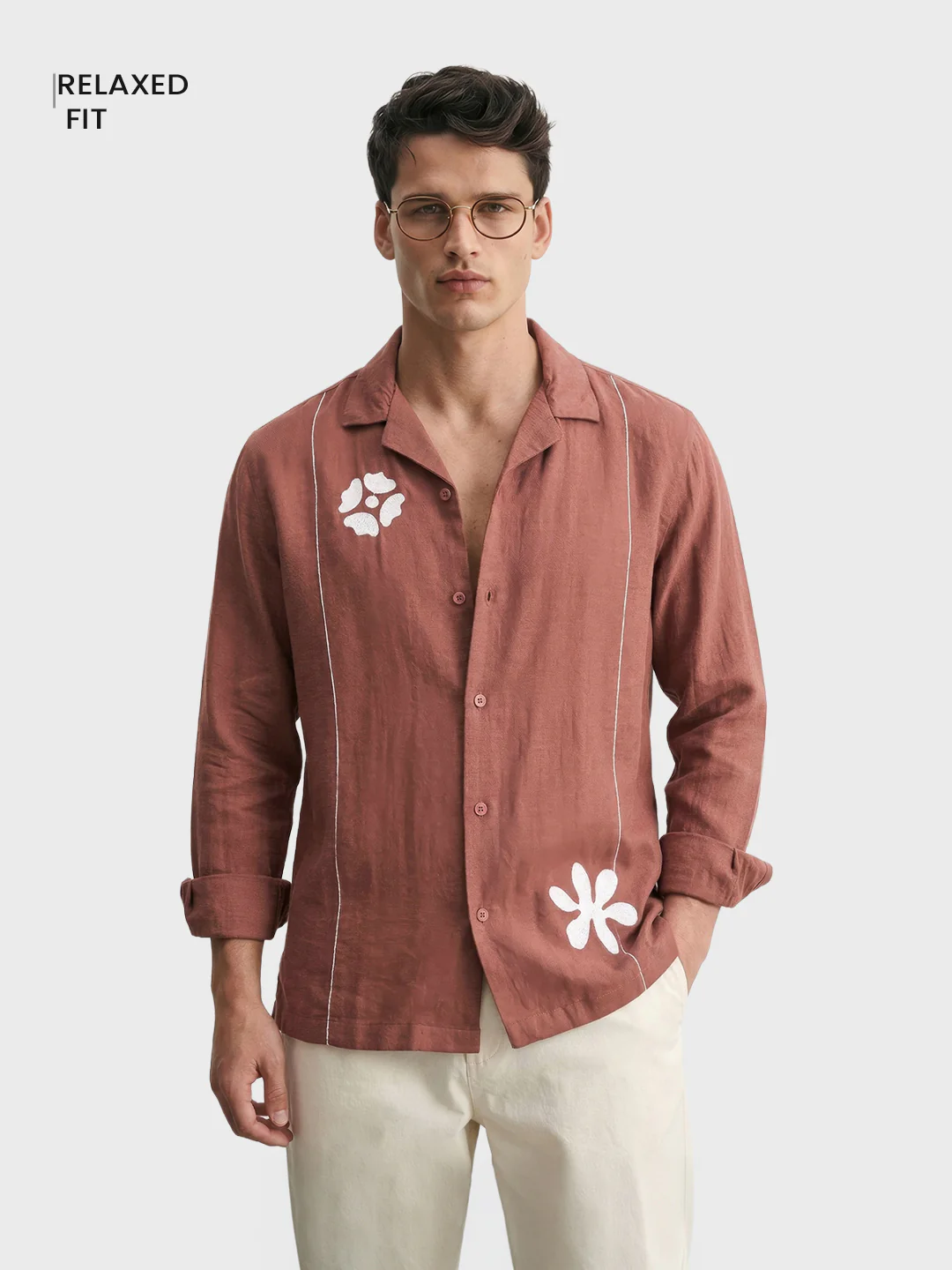 Men's Rust Relaxed Fit Embroidered Casual Shirt - Image 2