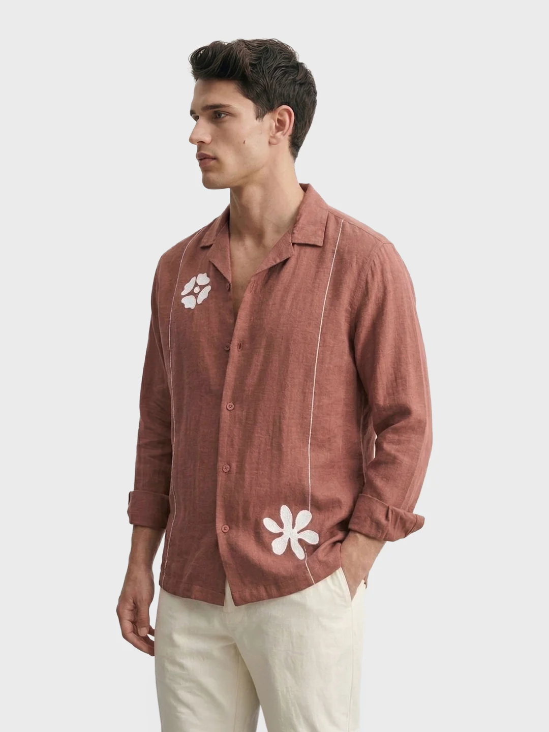 Men's Rust Relaxed Fit Embroidered Casual Shirt - Image 3